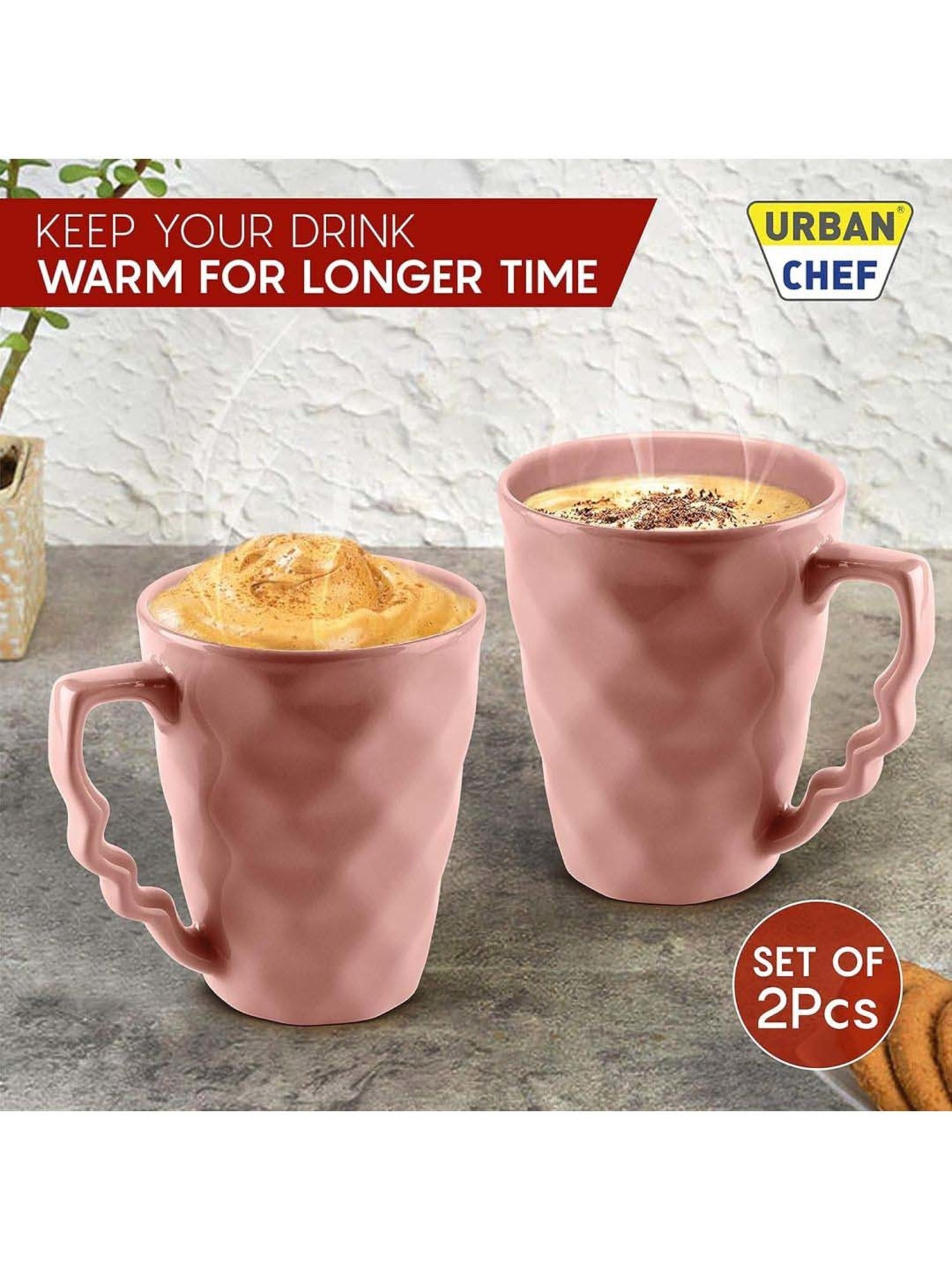 Urban Chef Pink Ceramic Prism Microwave Safe Coffee Mug With Handle (0.225 L) - Set of 2