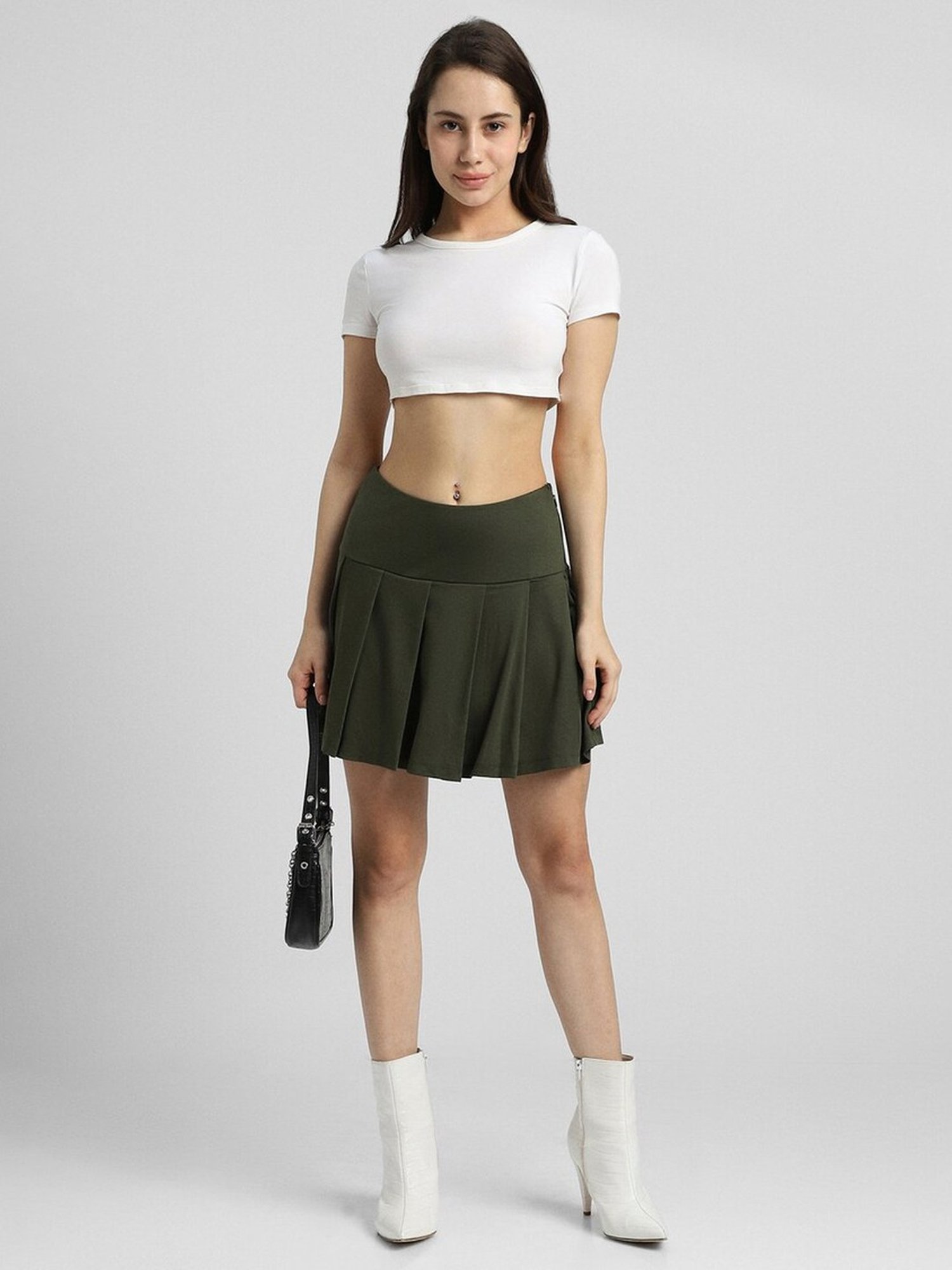 Forever 21 Green Blended Pleated A-Line Skirt
