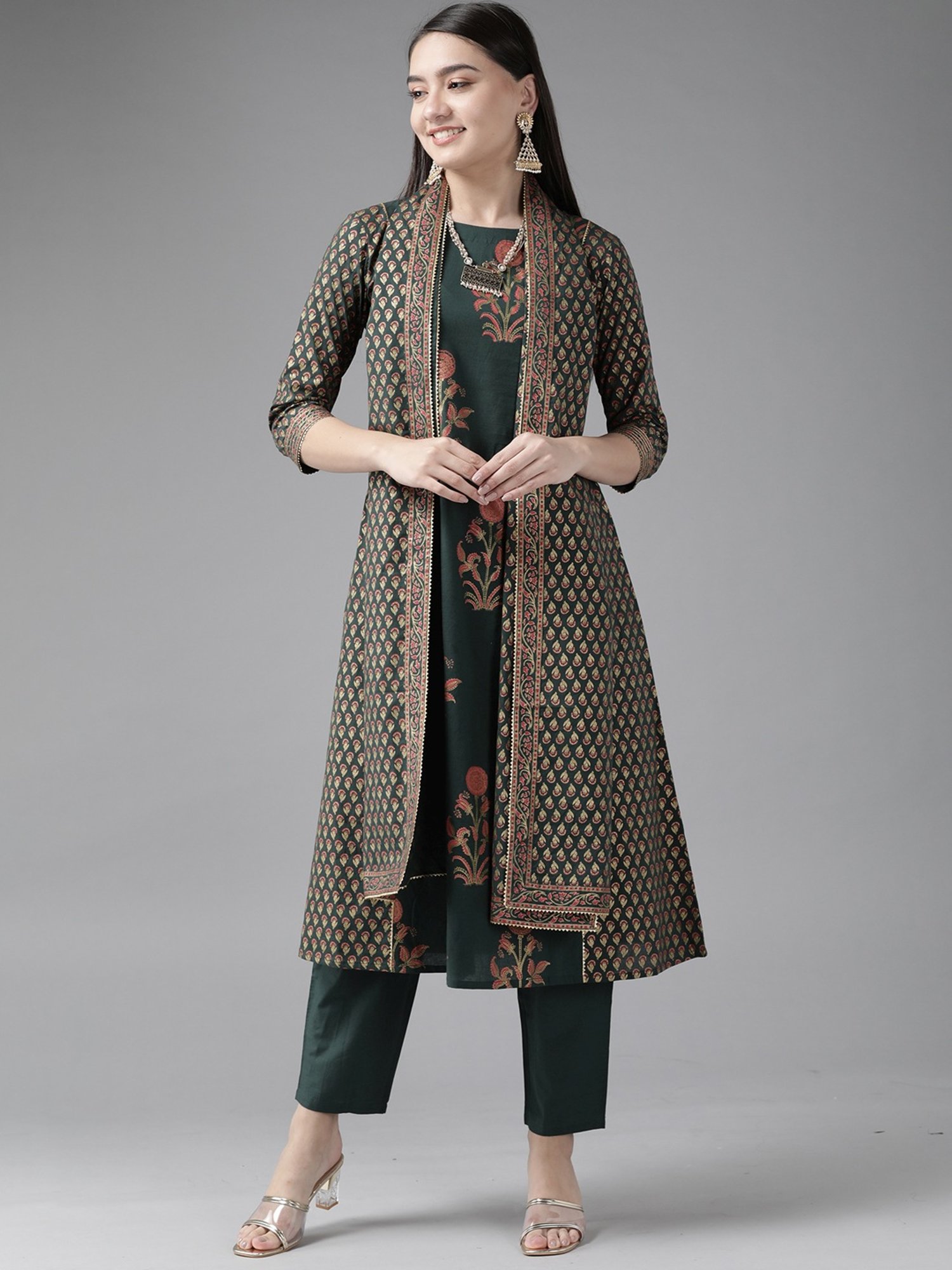 Indo Era Green Printed Kurta Pant Set With Dupatta