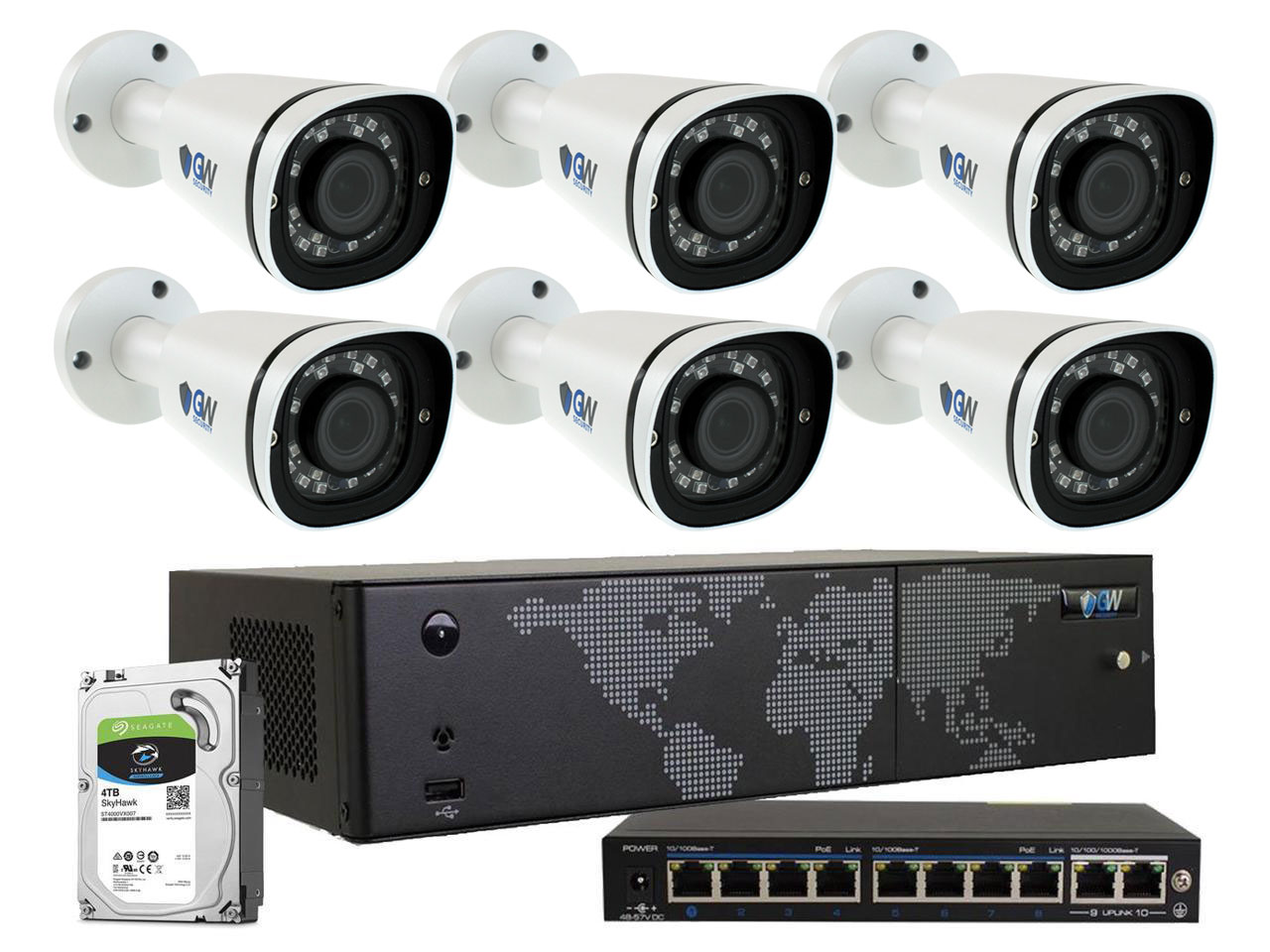 GW Built-in microphone PoE IP Security System, 8CH 4K H.265 NVR with 6 x 4K 8MP 2160P 3X Motorized Zoom Len IP Camera, Day/Night Weather Proof 2TB