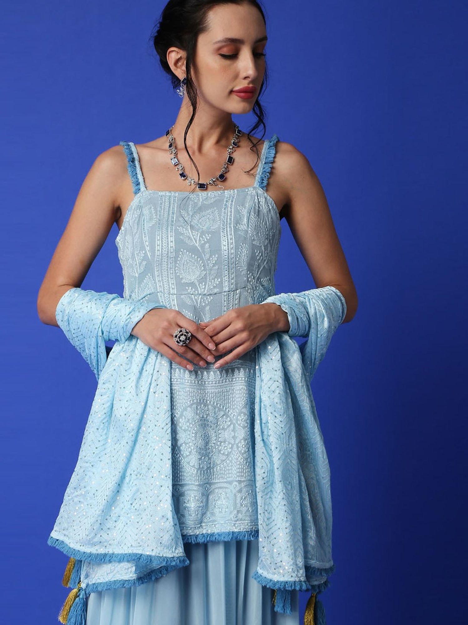 Monk and Mei Sharmila Chikanakari Kurta- Ice Blue