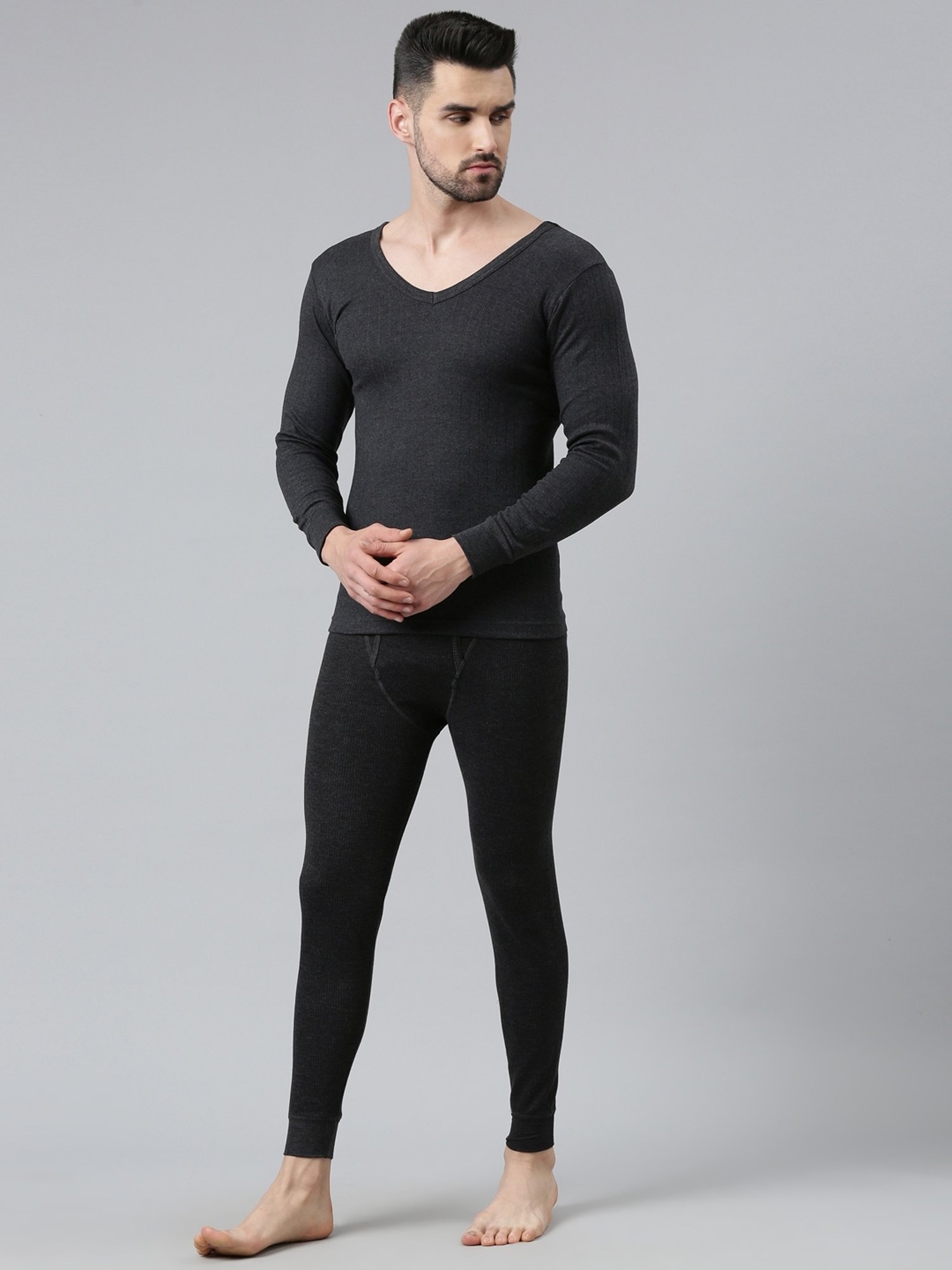 Dixcy Josh Dark Melange Grey Cotton Skinny Fit Thermal Top