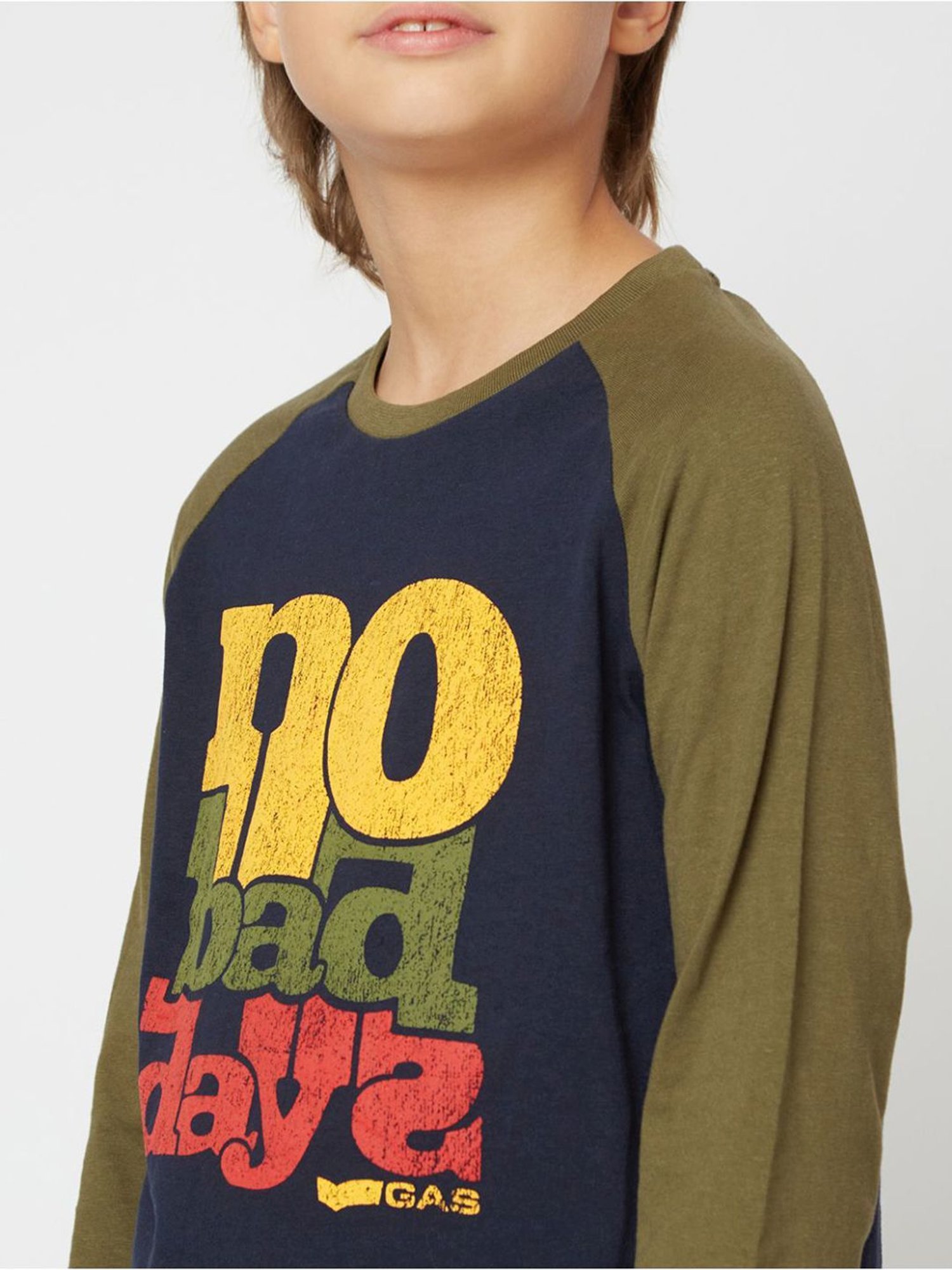GAS Kids Navy & Olive Green Cotton Printed Full Sleeves T-Shirt