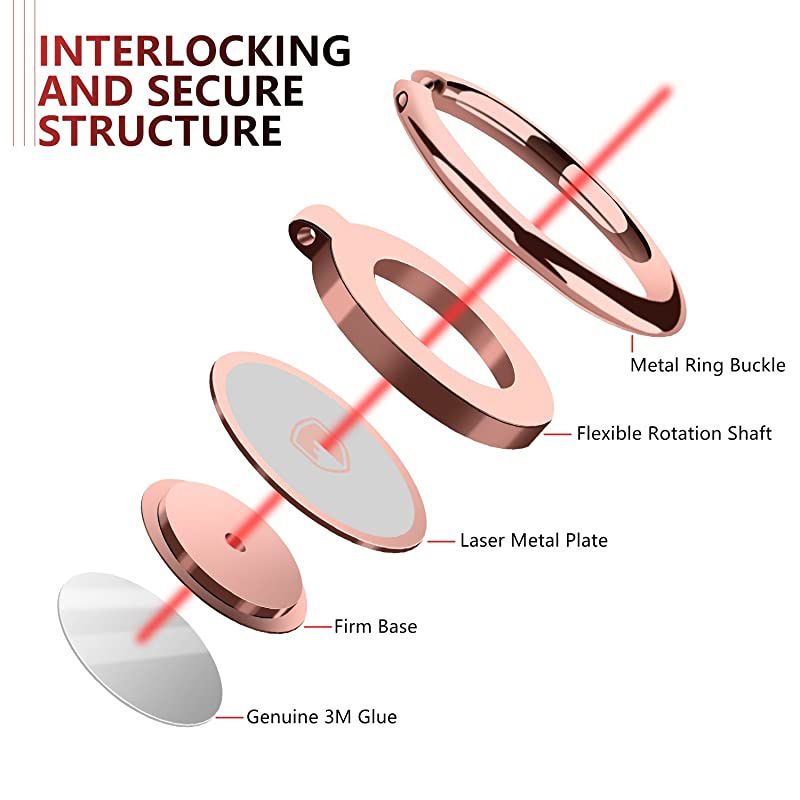 Phone Ring Holder Finger Kickstand -  360&deg; Rotation Metal Ring Phone Stand & Grip for Magnetic Car Mount Compatible with All Smartphones-Rose Gold