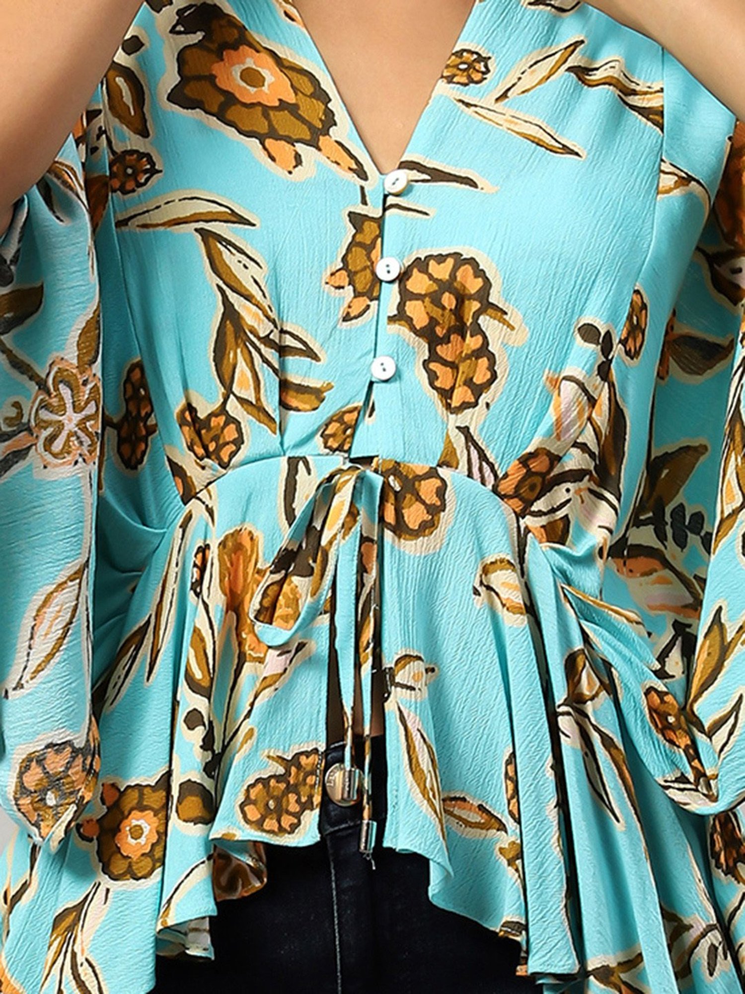 Label Ritu Kumar Blue & Brown Floral Print Top