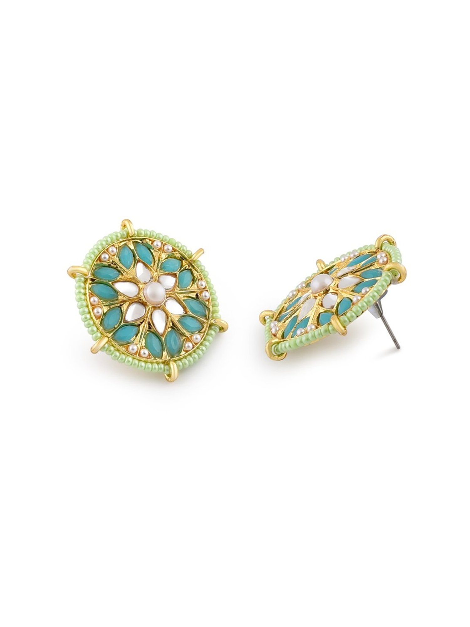 Zaveri Pearls Turquoise Blue & Green Beads Kundan Pearls Choker Necklace Earring Ring Set-ZPFK11070