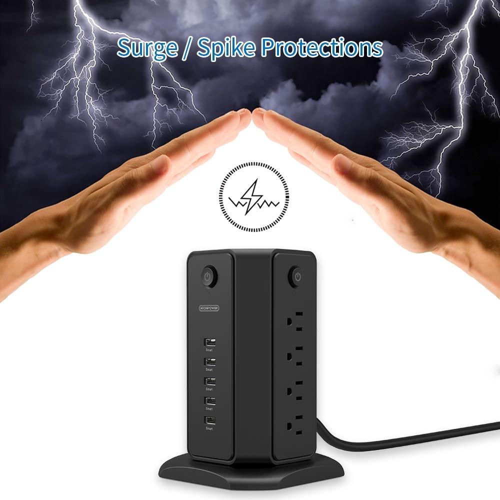 NTONPOWER Surge Protector Power Strip Tower, Flat Plug Desktop Charging Station, Individual Switches, 8 Outlets with 5 USB Charger, 6ft Heavy Duty Extension Cord for Home Office Dorm Essential