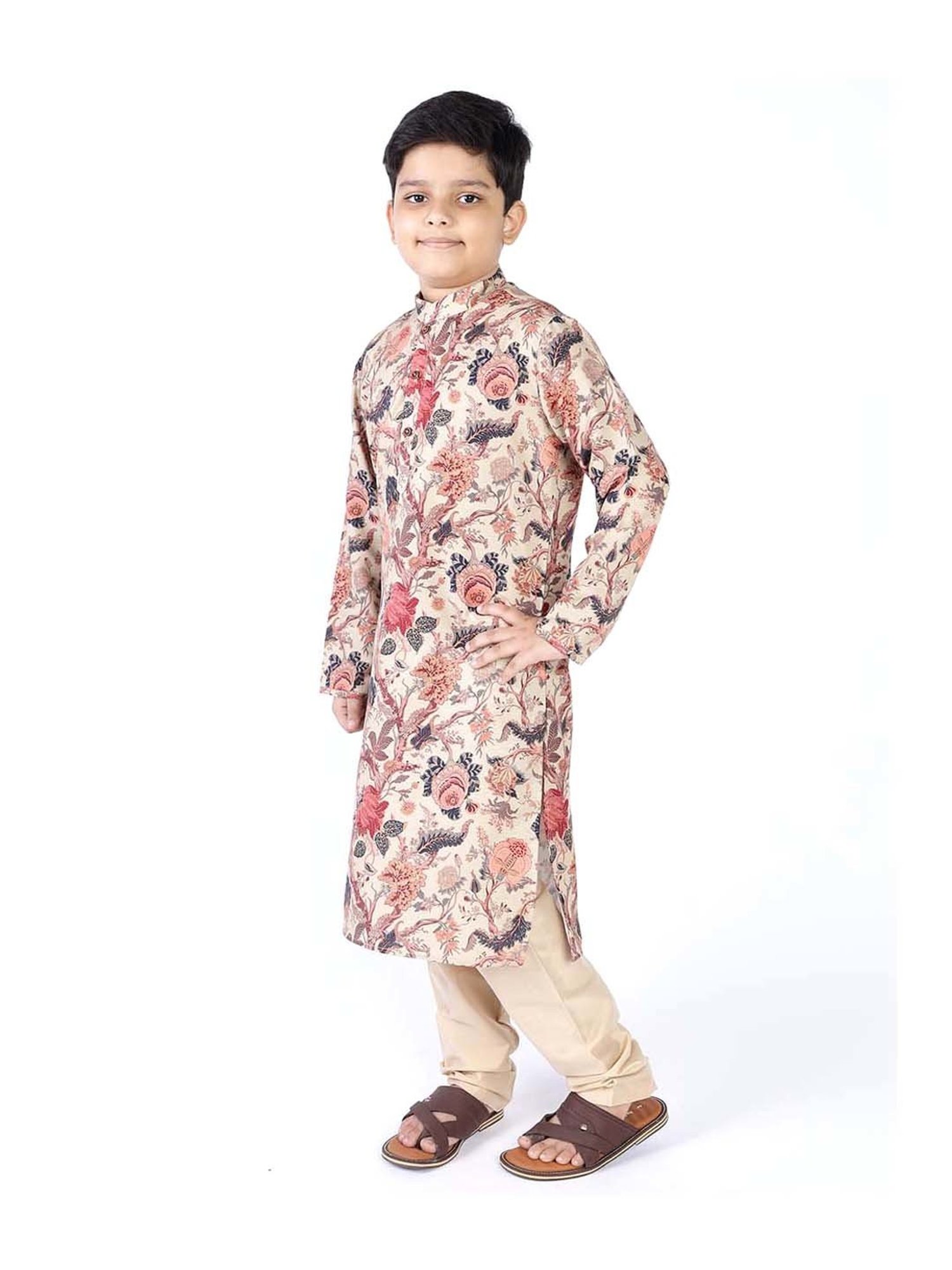 TABARD Kids Beige & Red Cotton Printed Kurta Set