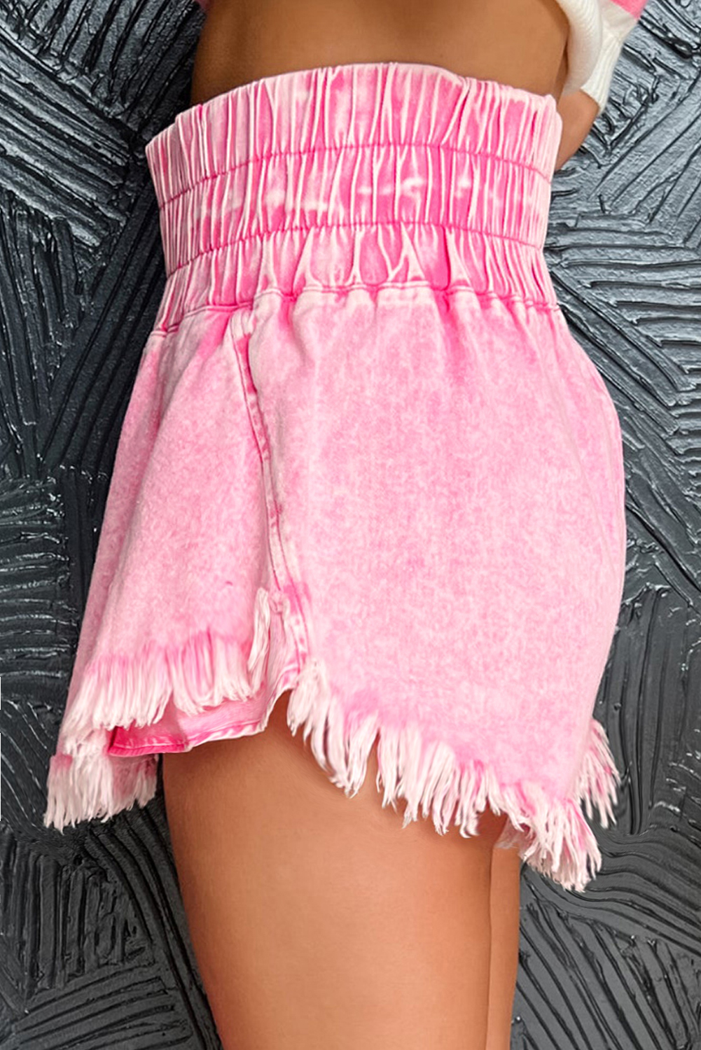 Pink Washed Smocked Waistband Frayed Denim Shorts