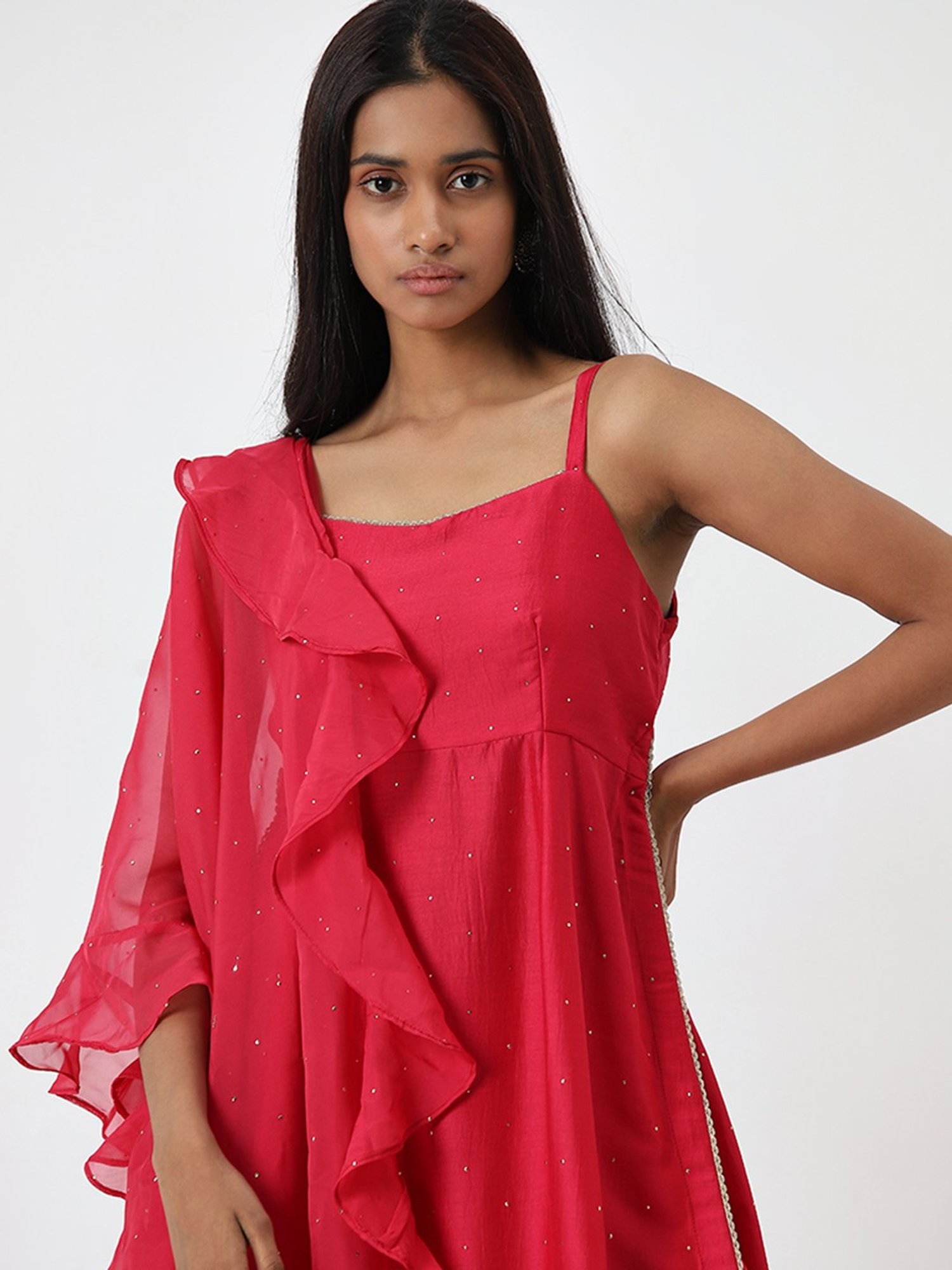 Vark by Westside Pink Embellished Kurta, Palazzos & Dupatta Set