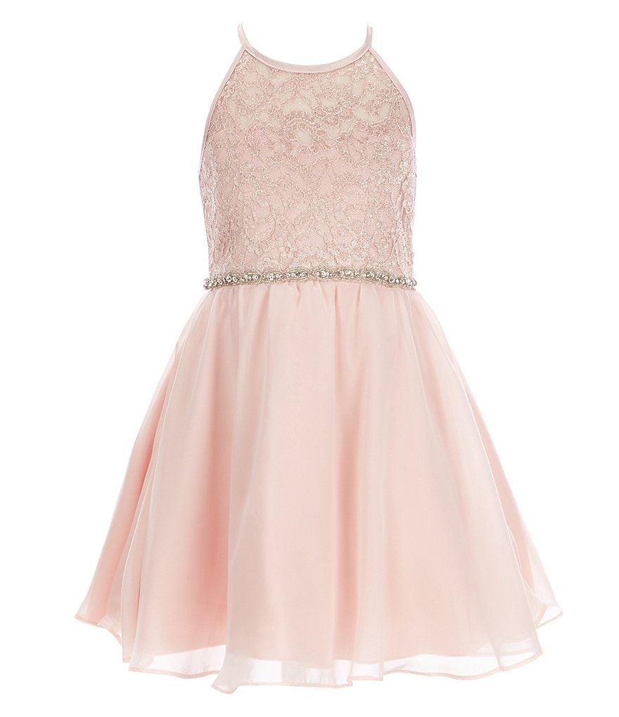 Honey and Rosie Big Girls 7-16 Sleeveless Ruffled Neck Scuba Skater Dress