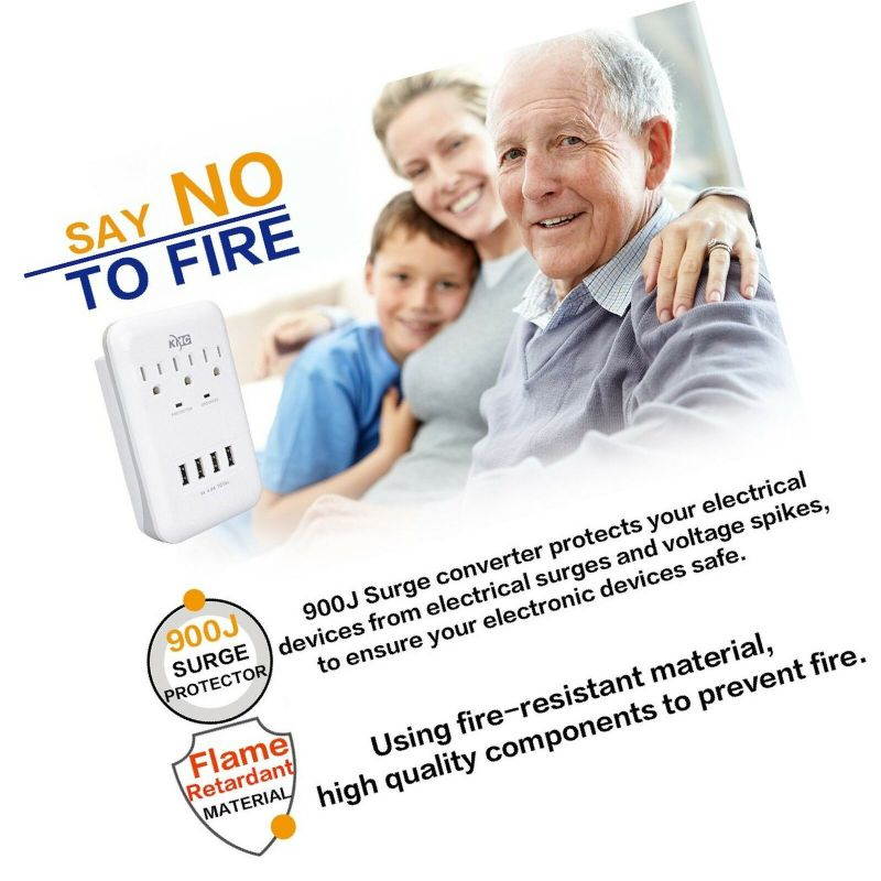 KMC 3-Outlet Wall Mount Surge Protector 900 Joules with 4.8 AMP USB Charging ...