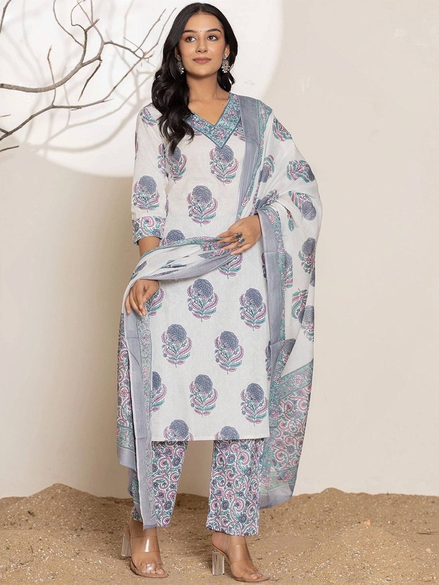 Yufta Blue & White Cotton Printed Kurta Pant Set With Dupatta
