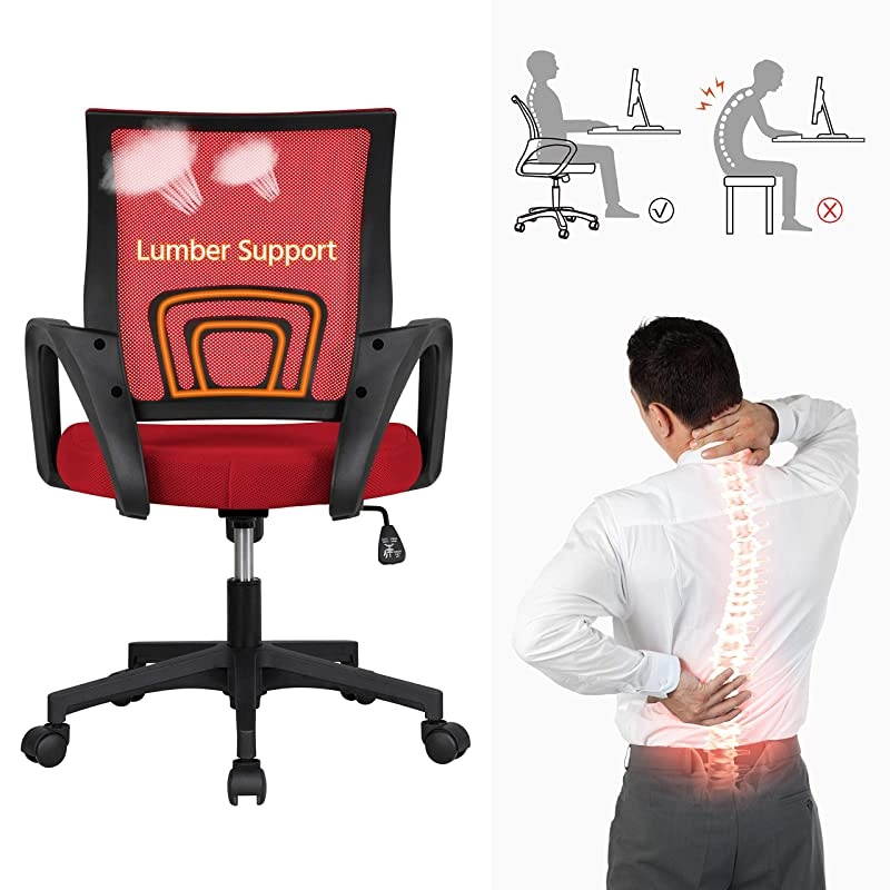 Ergonomic Mesh Office Chair MidBack Height Adjustable Computer Chair wLumbar Support 360 Rolling Casters 125kg276lb Weight Capacity Red