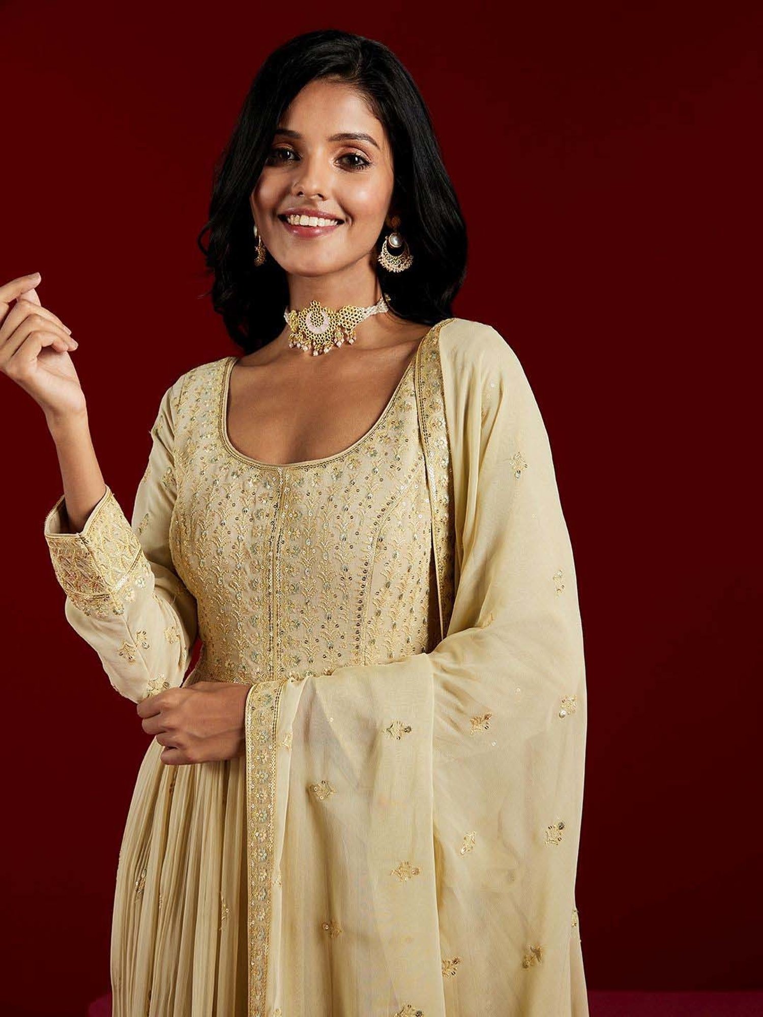 Libas Art Beige Embroidered Kurta Pant Set With Dupatta