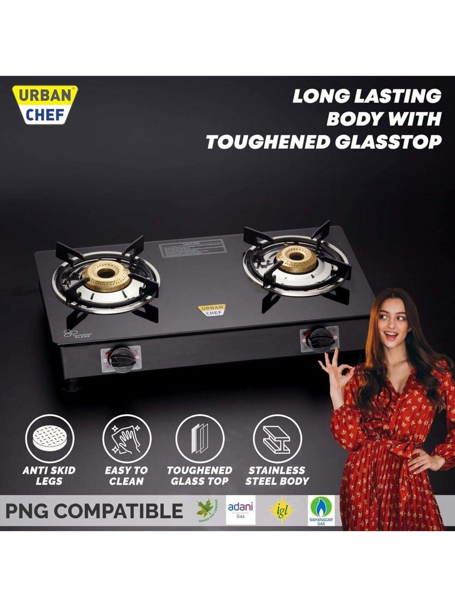 Urban Chef Gas Stove with 2 Burners ( Black )