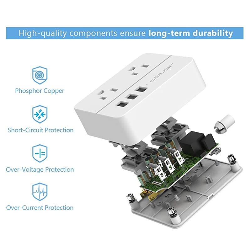 Compact Travel Power Strip with 3 USB Smart Charging Station and 2 Power Outlet White