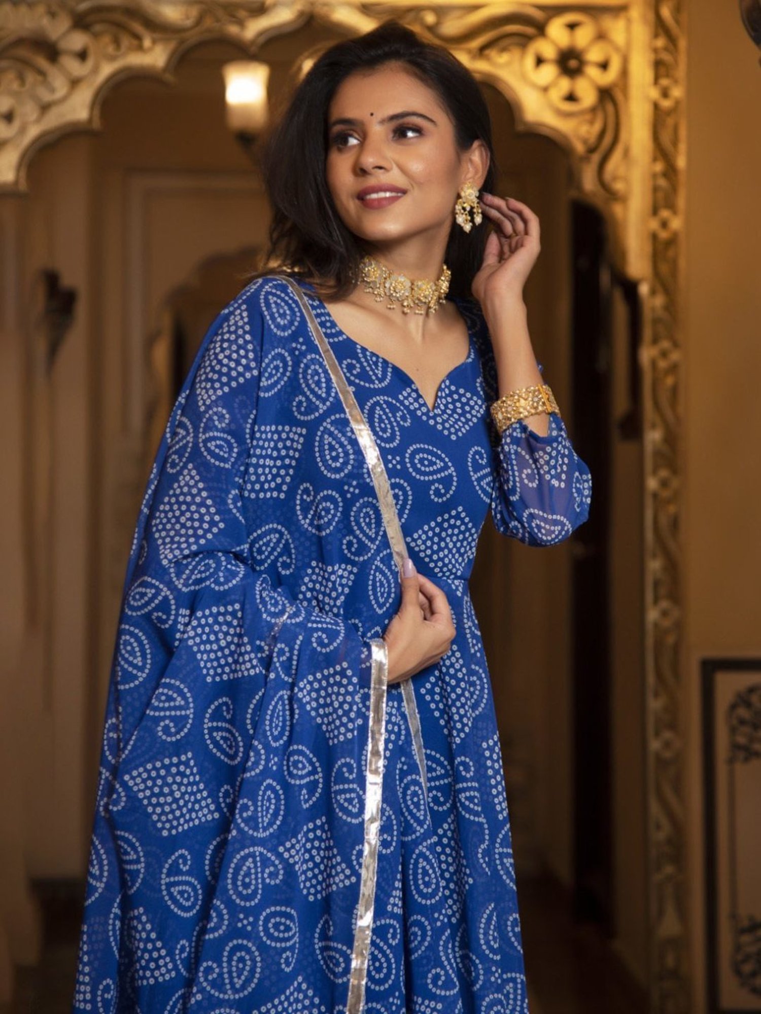 Calmna Berry Blue Bhandhej Anarkali Suit Set