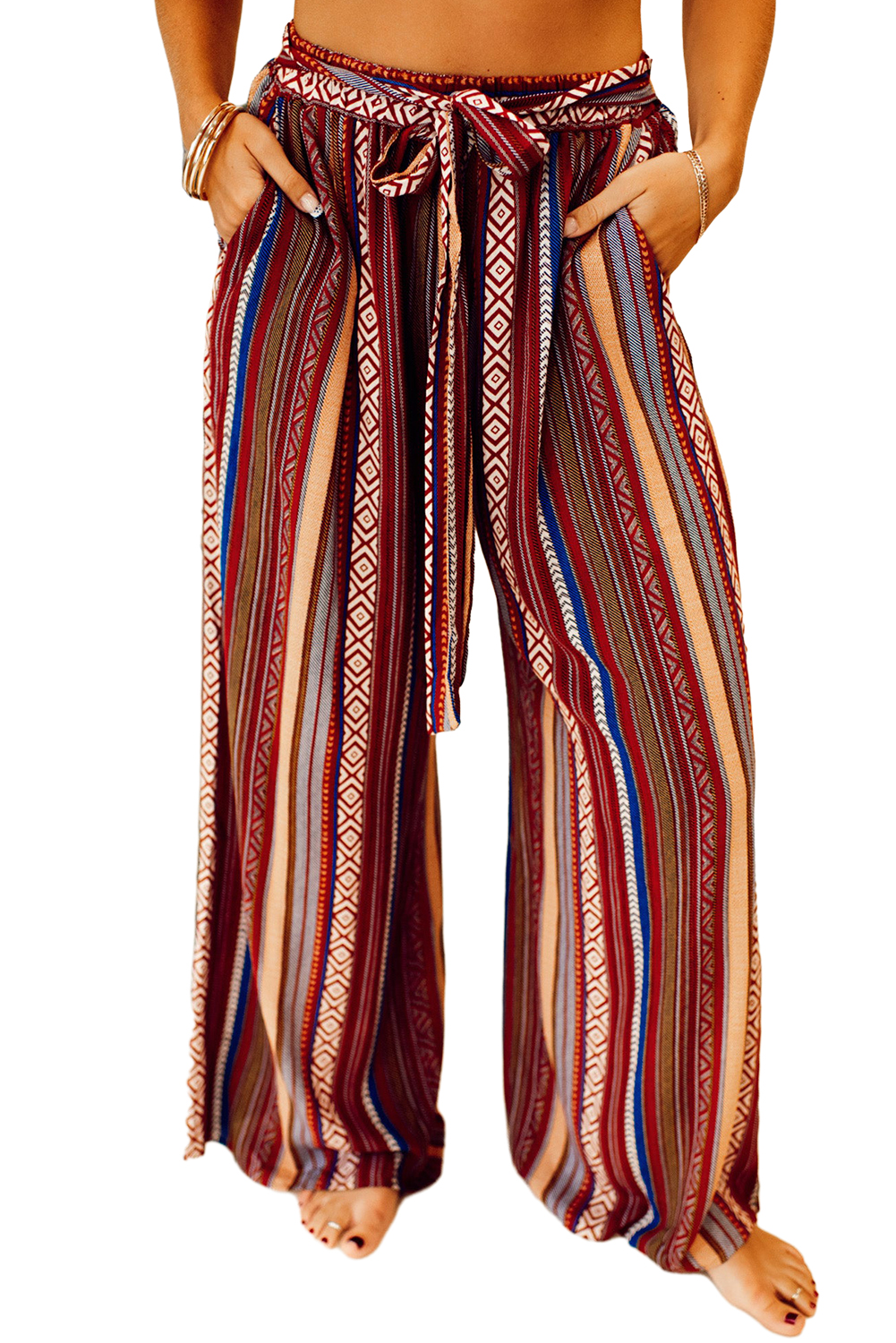 Red Boho Ethnic Striped Print Tie Waist Wide Leg Pants