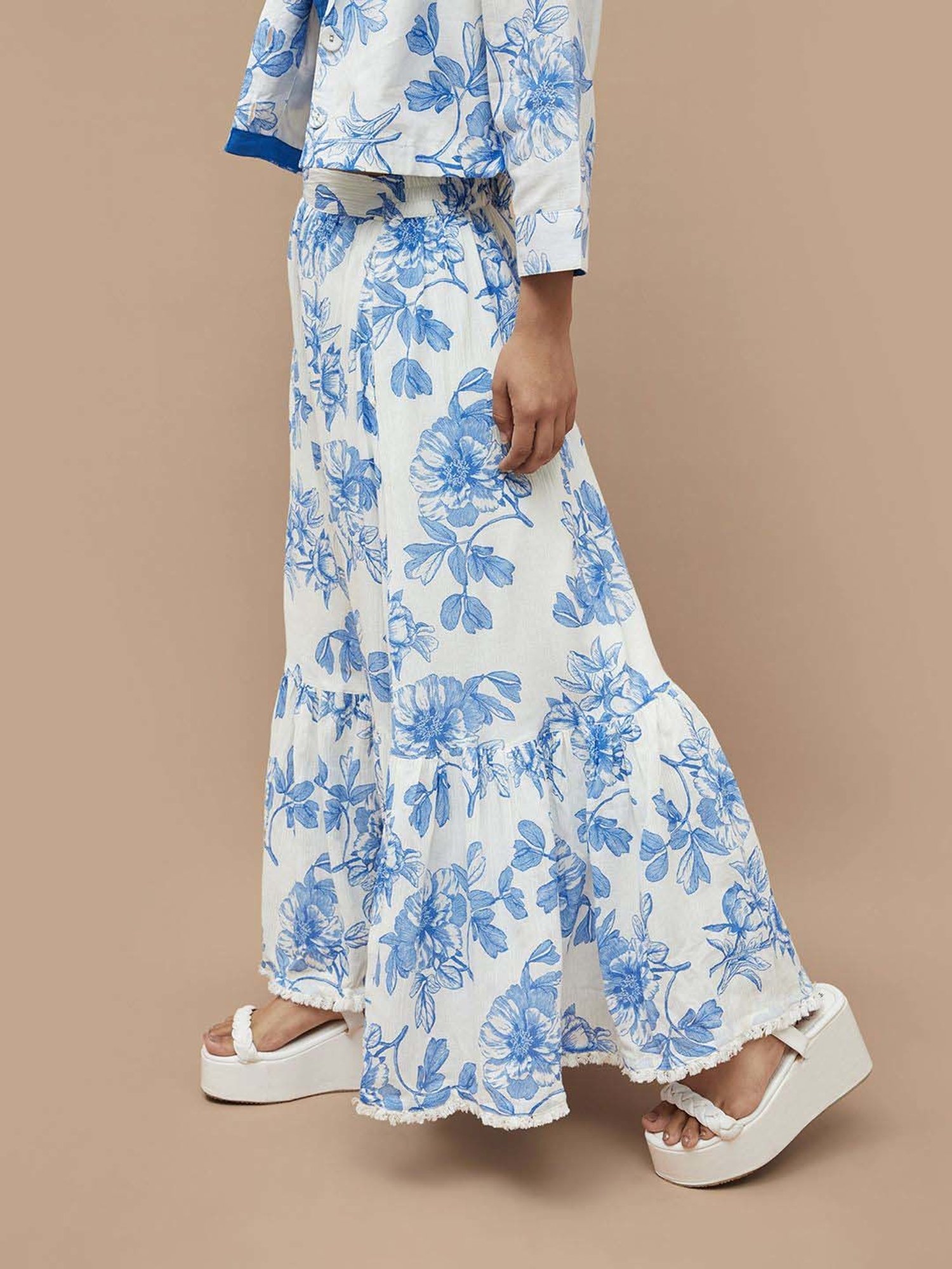 Colour Me by Melange White & Blue Cotton Floral Print Maxi Skirt