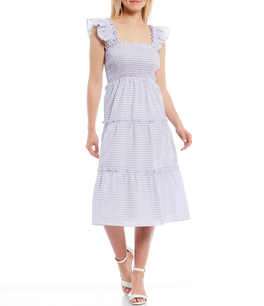 Sugarlips Gingham Square Neck Flutter Shoulder Tiered Smocked Sleeveless Midi Dress