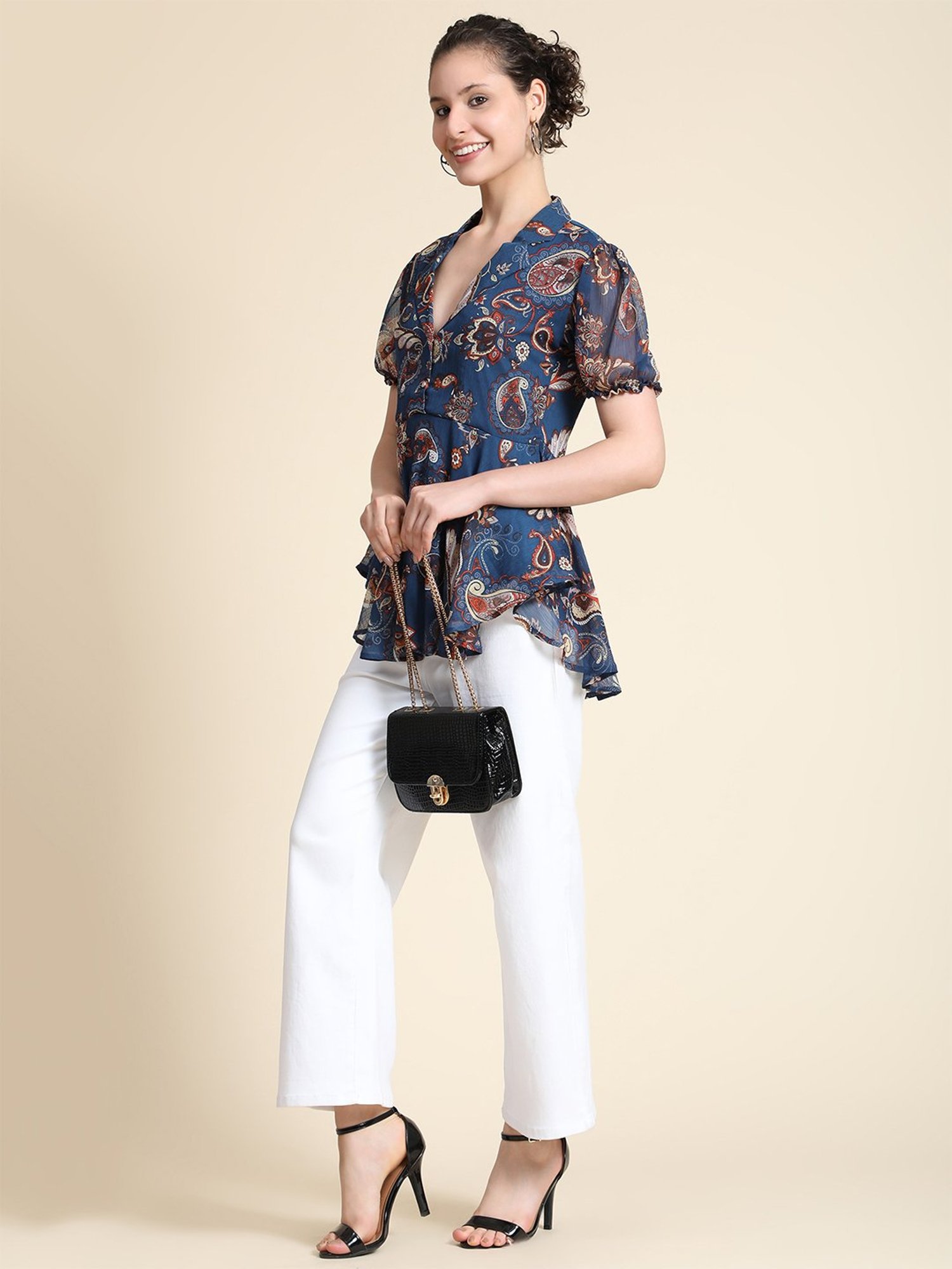 KERI PERRY Navy Printed Top
