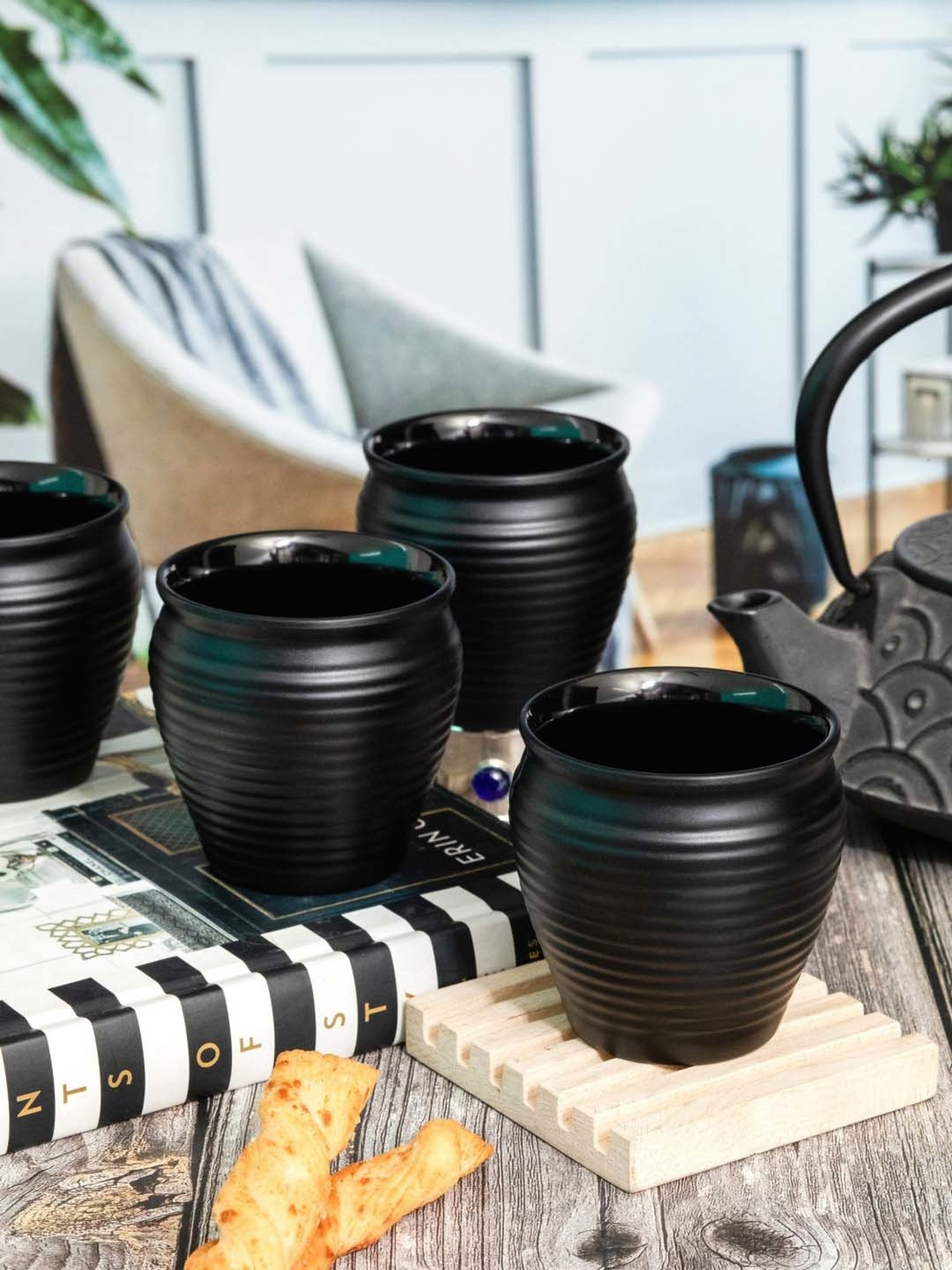 Servewell Black Melamine Matte Kulhad Mugs (0.18 L) - Set of 4