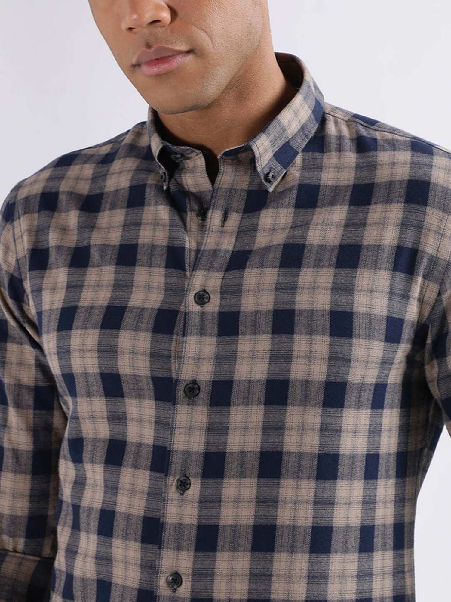 Lindbergh Brown Cotton Slim Fit Checks Shirt