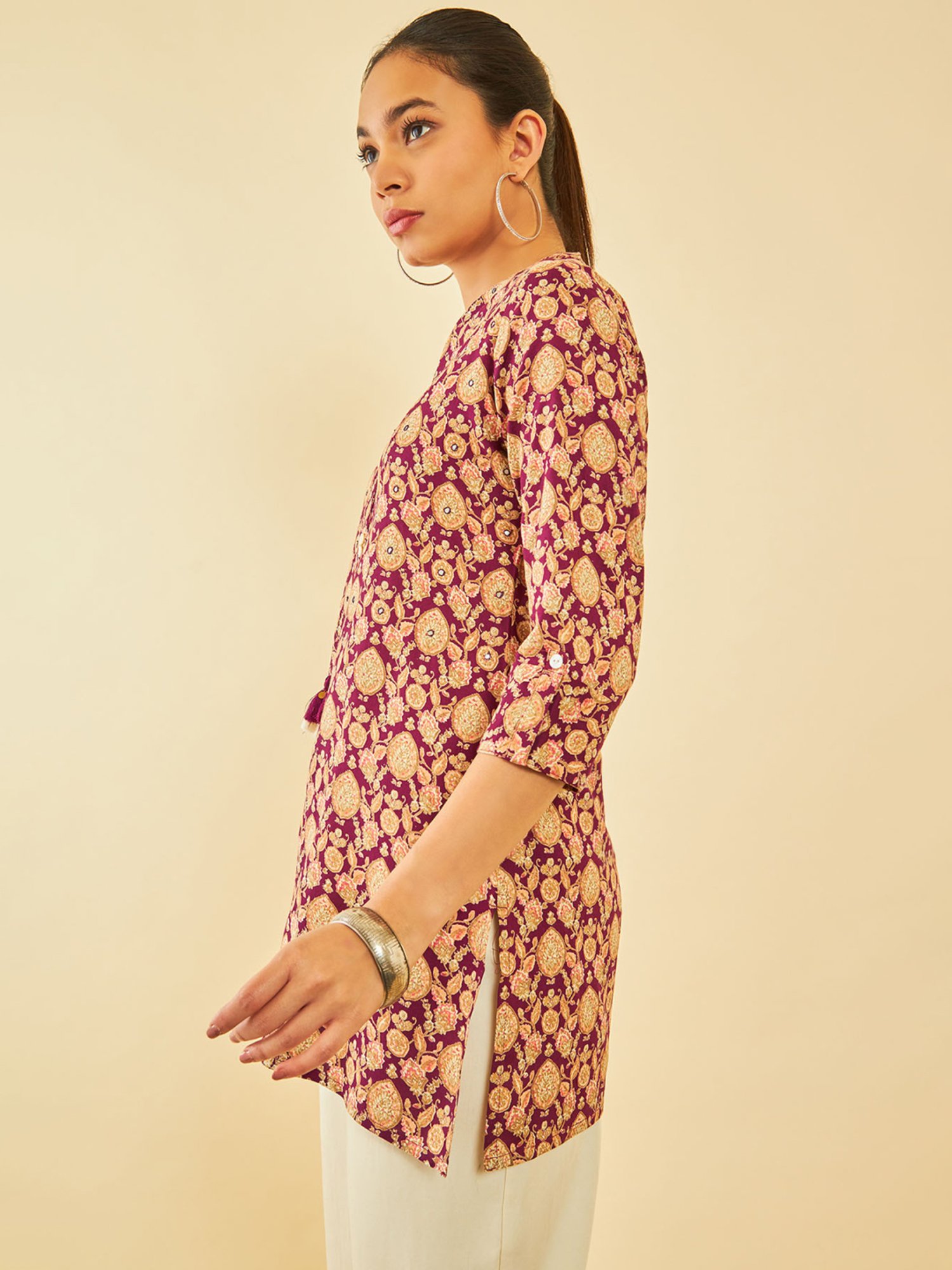 Soch Womens Wine Rayon Floral Printed Tunic With Faux Mirror & Tassels