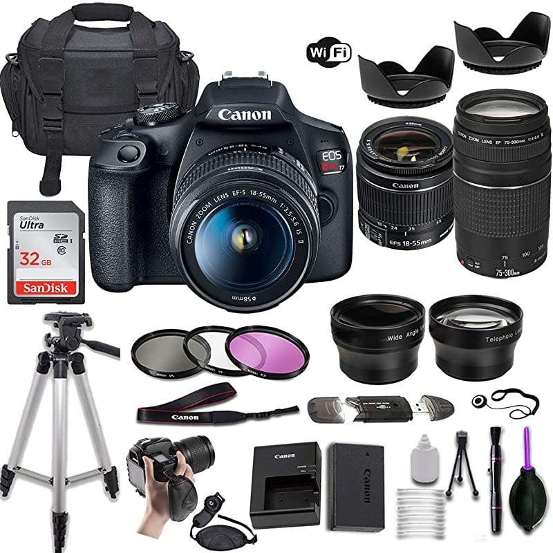 EOS Rebel T7 DSLR Camera w/EF-S 18-55mm f/3.5-5.6 is II & EF 75-300mm f/4-5.6 III Lens + Wide-Angle and Telephoto Lenses + Portable Tripod + Memory Card + Deluxe Accessory Bundle