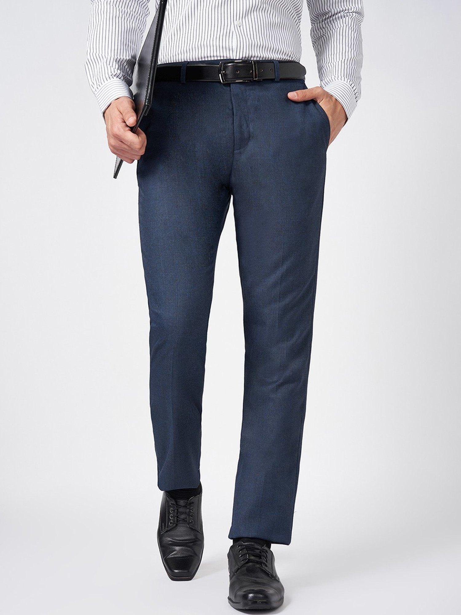 Peregrine By Pantaloons Navy Slim Fit Texture Trousers