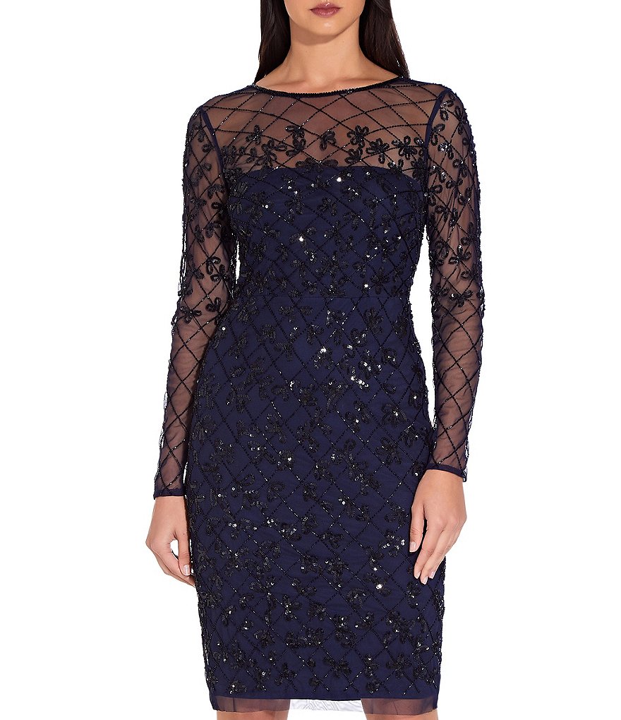 Adrianna Papell Round Neck Long Sleeve Beaded Sheath Dress