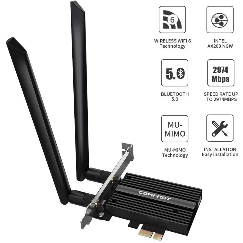 AX200 WiFi 6 Card for PC| Bluetooth 5.0| 802.11ax| 3000Mbps Dual Band (2.4/5.8Ghz)| MU-MIMO OFDMA PCIe WiFi Card Ultra-Low Latency with Heat Sink, Support Windows 10 64-bit Only