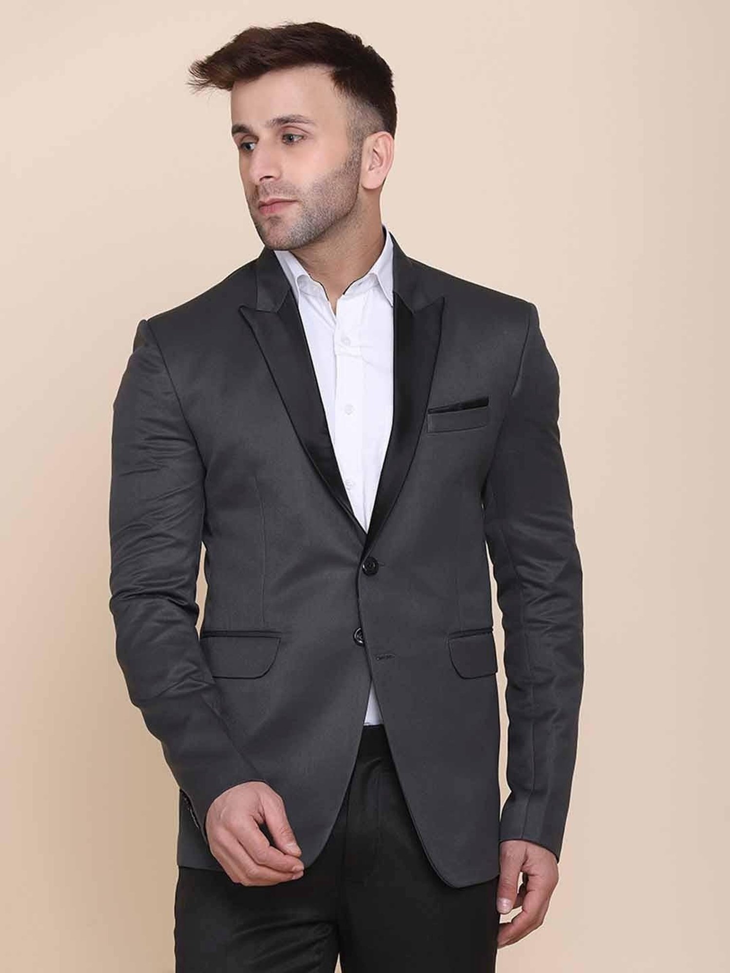 TAHVO Grey Cotton Slim Fit Blazer