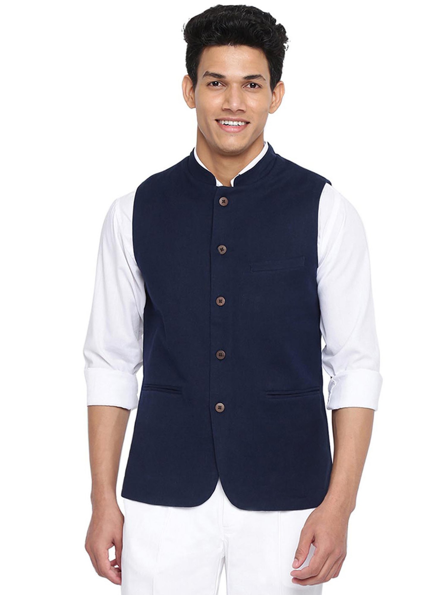 Fabindia Navy Cotton Slim Fit Nehru Jacket