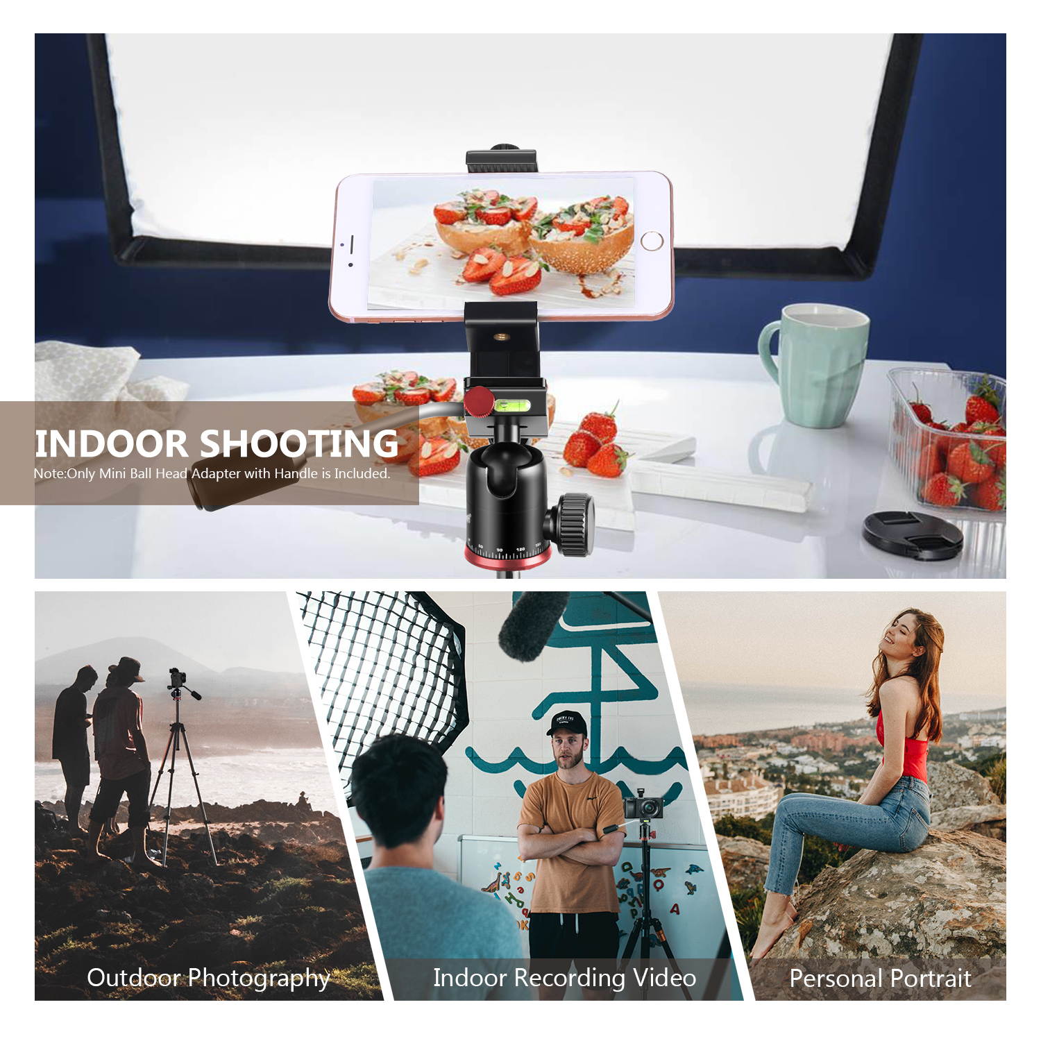 Neewer Mini Tripod Head Mobile Phone/Camera Ball Head with Handle and 1/4 inch Quick Shoe Plate, 360 Degree Panoramic Ballhead for Mirrorless Cameras, iPhones, iPad, Telescope, Max Loading 11pounds