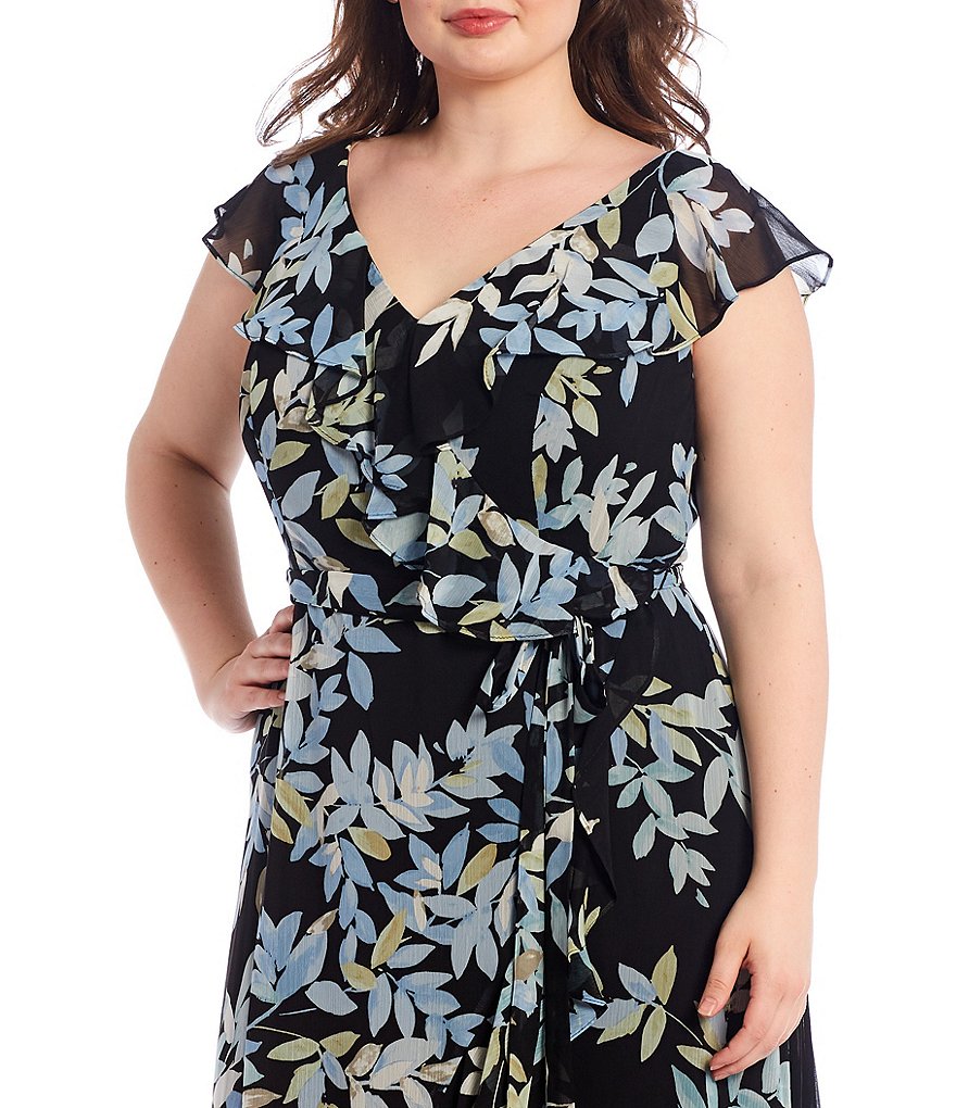 London Times Plus Size Floral Print V-Neck Sleeveless Chiffon Faux Wrap Flounce Hem Midi Dress