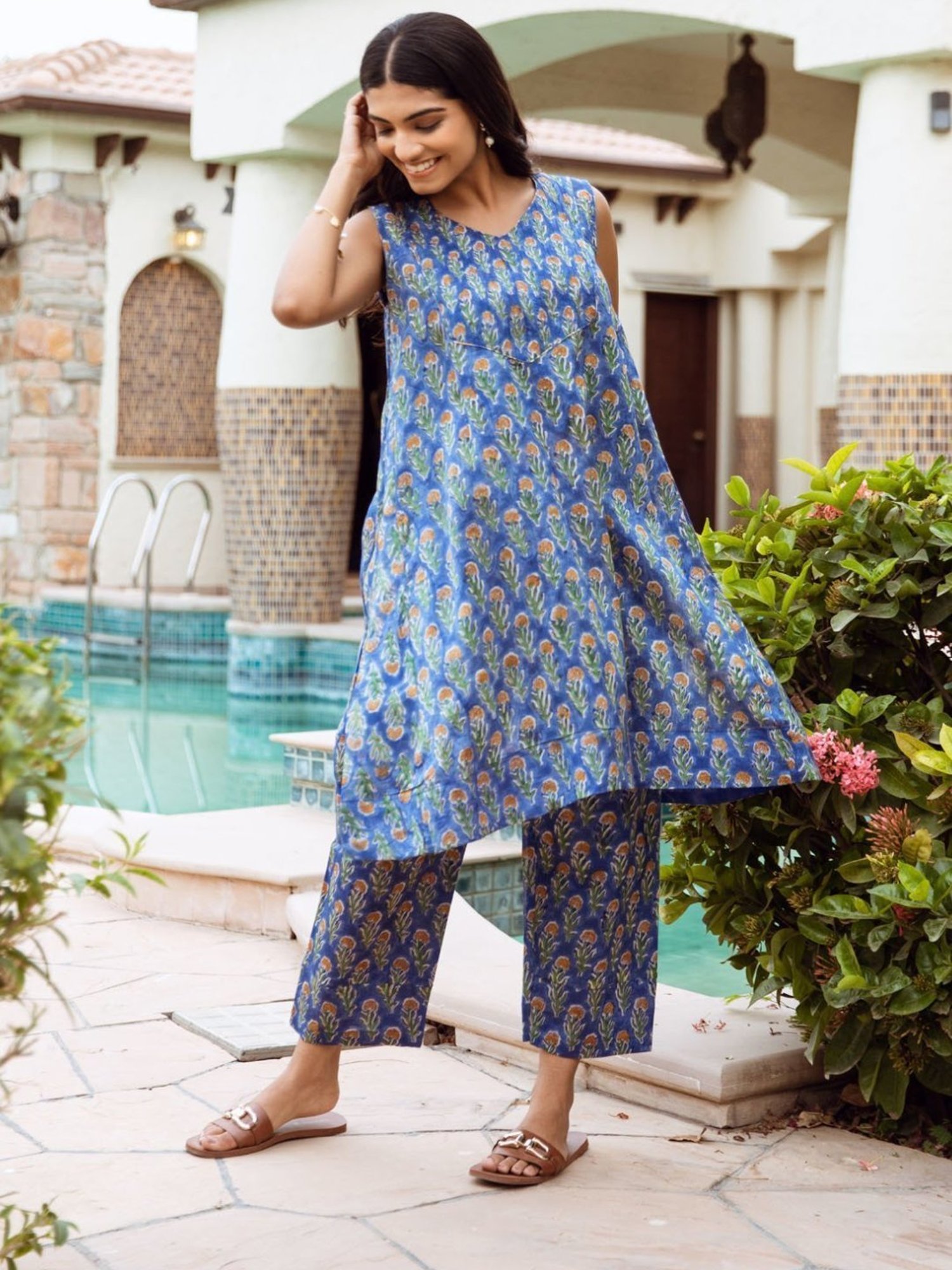 Asrumo Blue Handblock Chanderi A-Line Kurta Style Coord Set