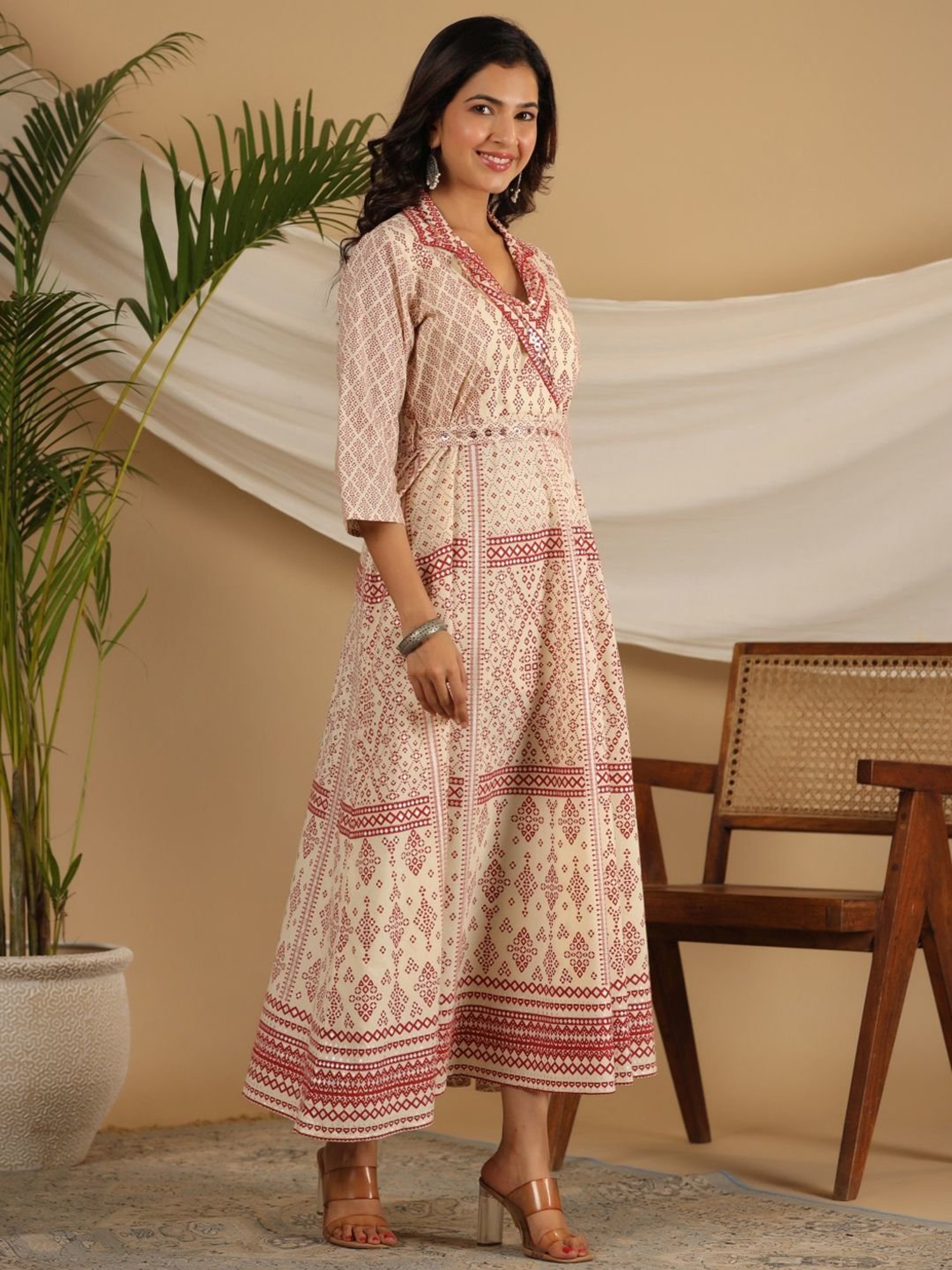 Juniper  Ivory Cotton Geometric Printed Fit & Flare Maxi Dress With Contrast Beads & Sequins