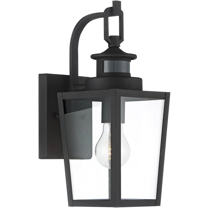 Possini Euro Design Modern Outdoor Wall Light Fixture Textured Black 14" Clear Glass Motion Sensor Exterior House Porch Patio Deck