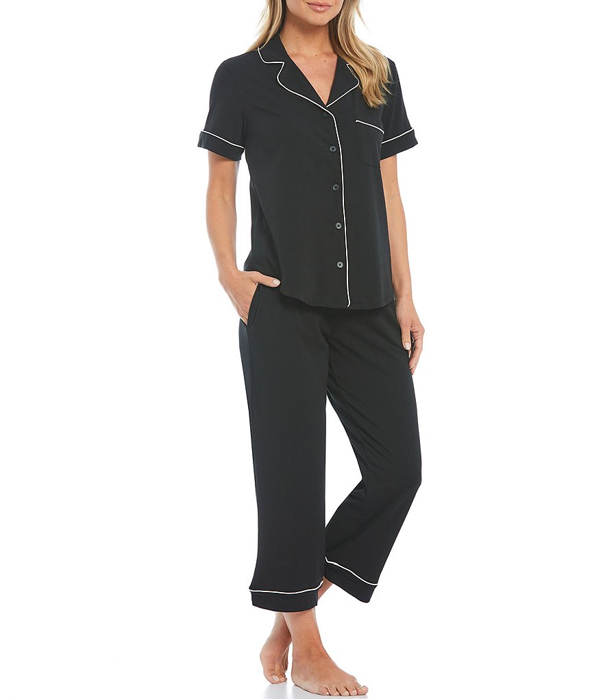 Cabernet Solid Knit Button Front Short Sleeve Cropped Mid-Rise Coordinating Pajama Set