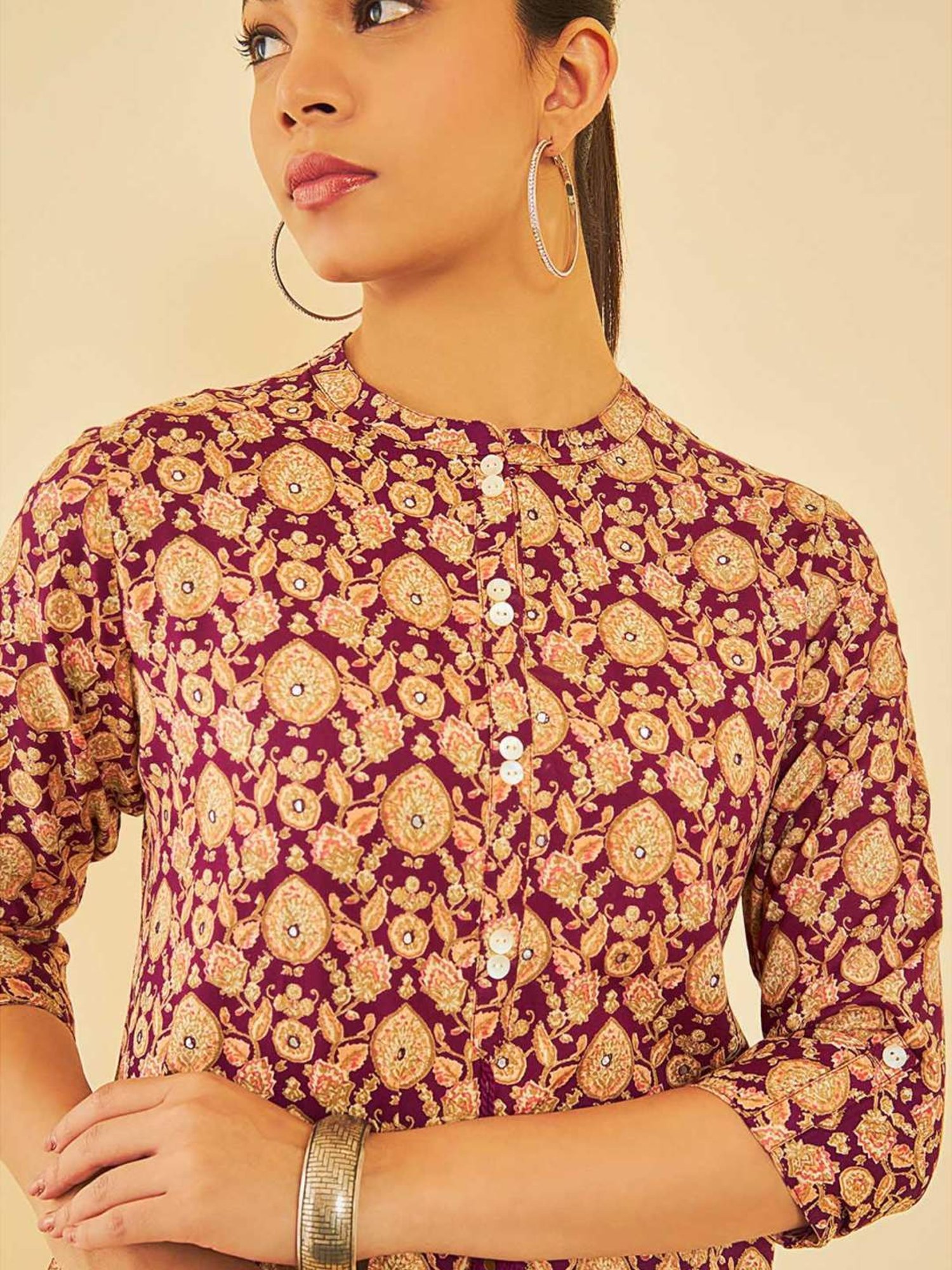 Soch Womens Wine Rayon Floral Printed Tunic With Faux Mirror & Tassels