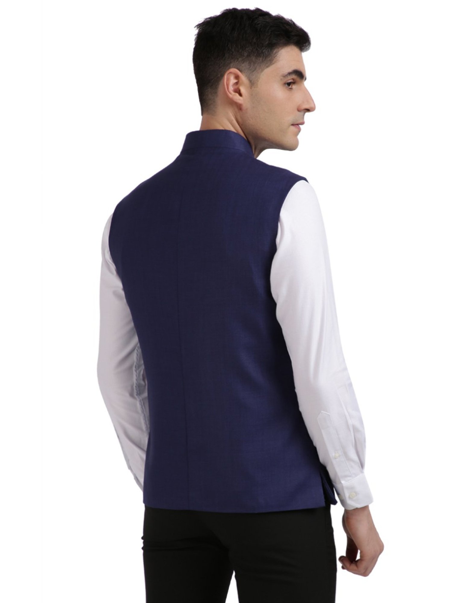 Colorplus Blue Tailored Fit Checks Nehru Jacket