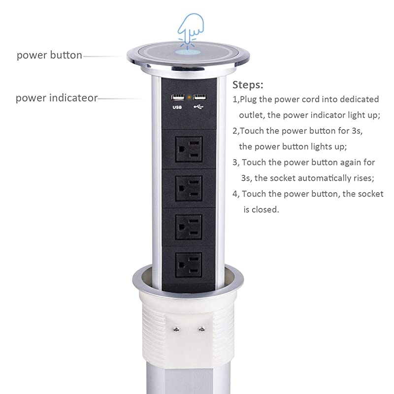 Intelligent Motorised Pop Up Socket Surge Protector Power Strip Retractable Power Strip with Dual USB Charging Stations for Kitchen Counter, Conference Room (White)