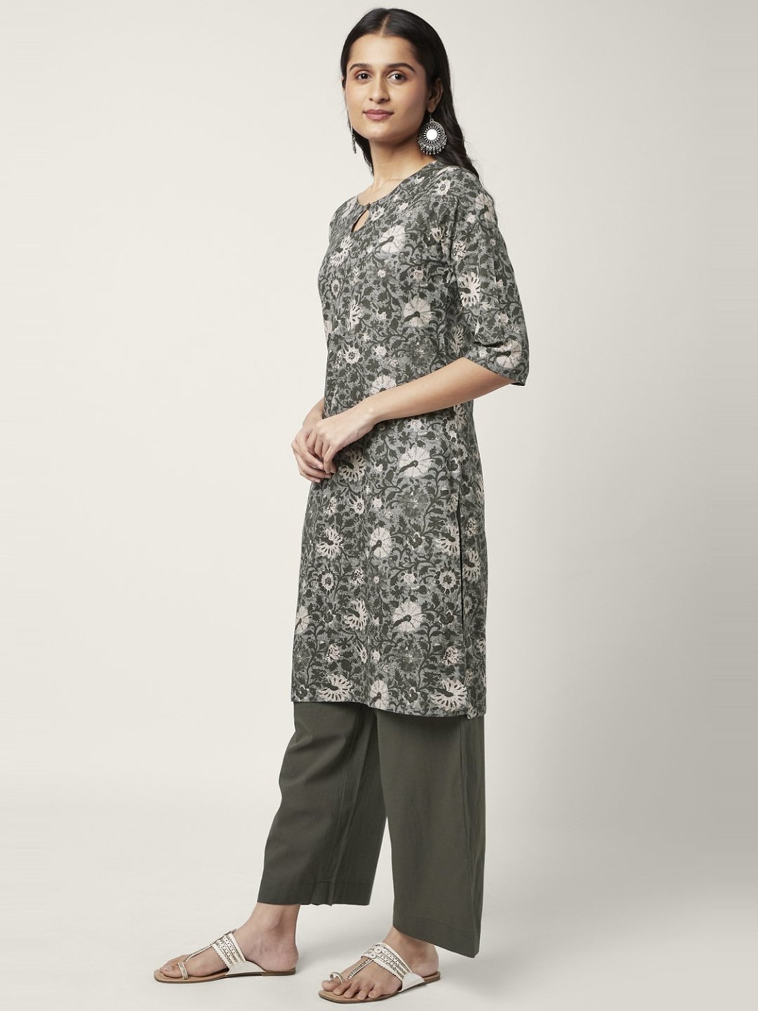 Rangmanch by Pantaloons Grey Cotton Floral Print Kurta Palazzo Set