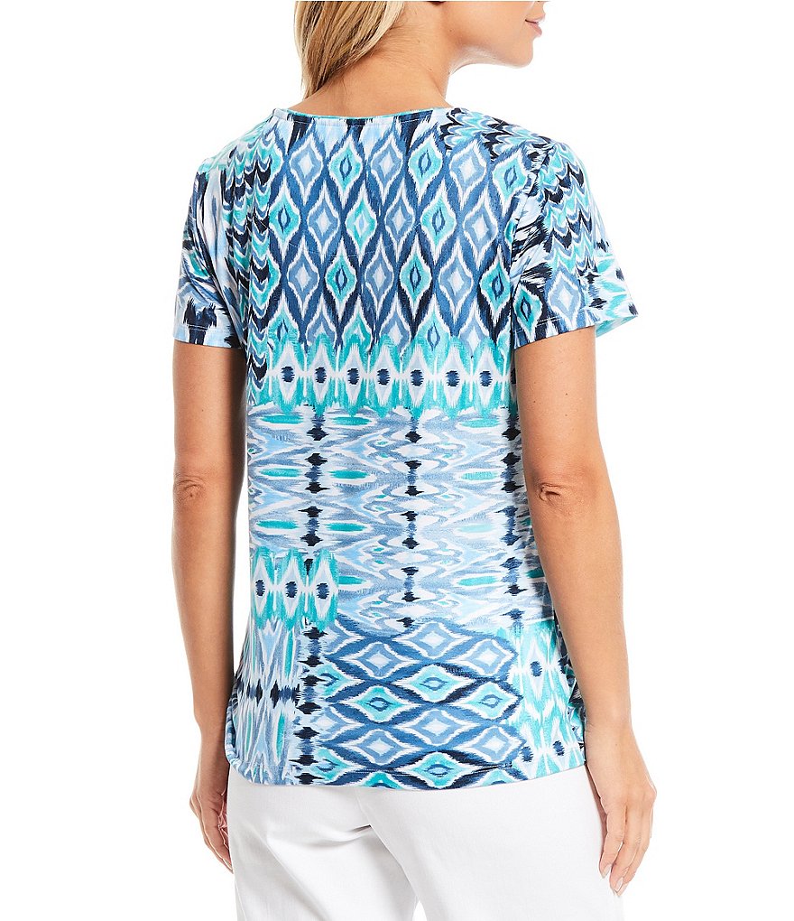 Allison Daley Ikat Patchwork Print Short Sleeve Side Ruched Detail Top