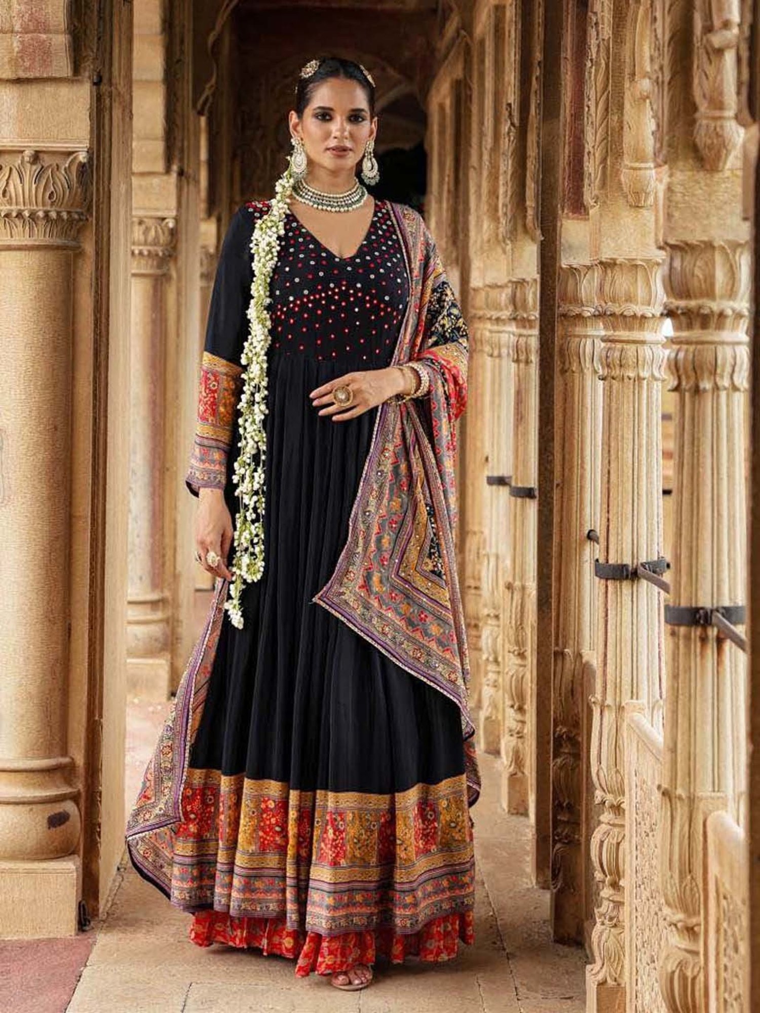 SCAKHI Black Embellished Maxi Dress With Dupatta