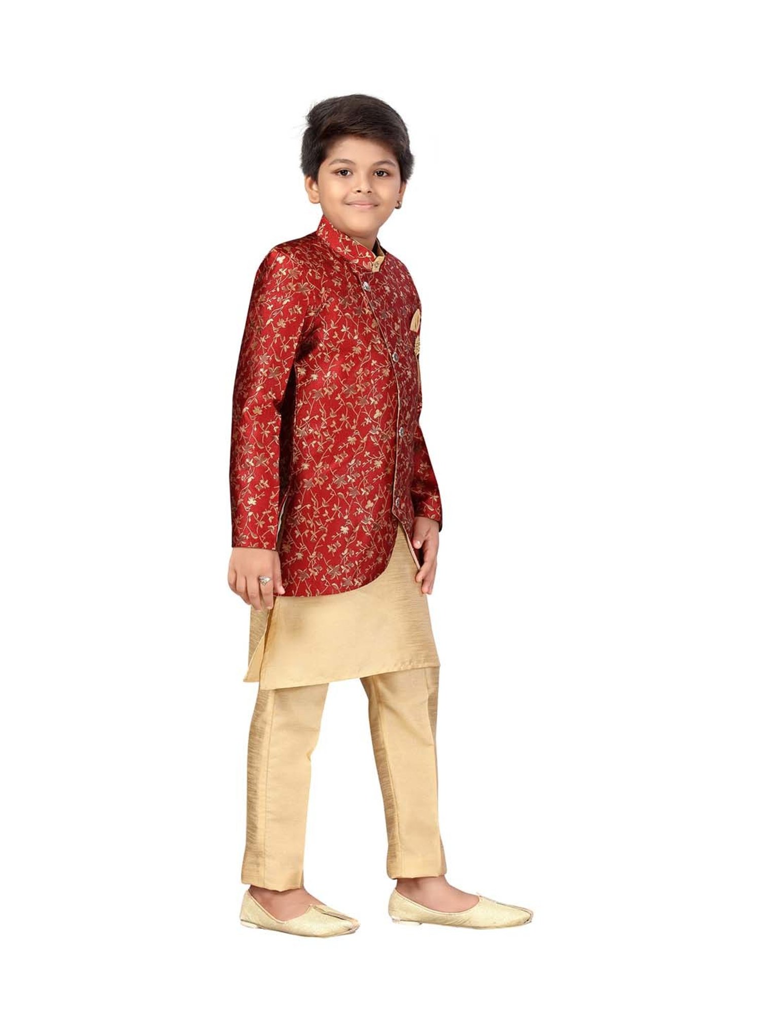 Ahhaaaa Kids Red & Golden Cotton Floral Print Full Sleeves Kurta Set