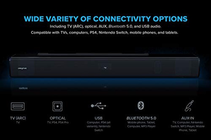 Creative Stage V2 2.1 Soundbar with Subwoofer, Clear Dialog and Surround by Sound Blaster, Bluetooth 5.0, TV ARC, Optical, and USB Audio, Wall Mountable, Adjustable Bass and Treble, for TV