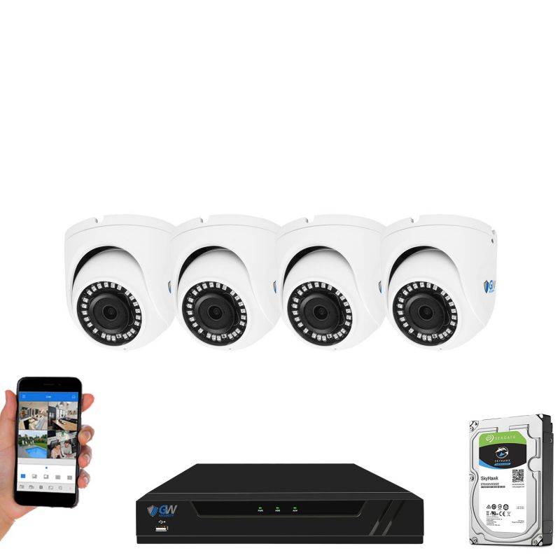 GW Security 4K 8 Channel NVR Security Camera System with 1TB HDD, 4 x 4K IP PoE 8MP Turret cameras, 100-Degrees Wide-angle, 100FT Night Vision